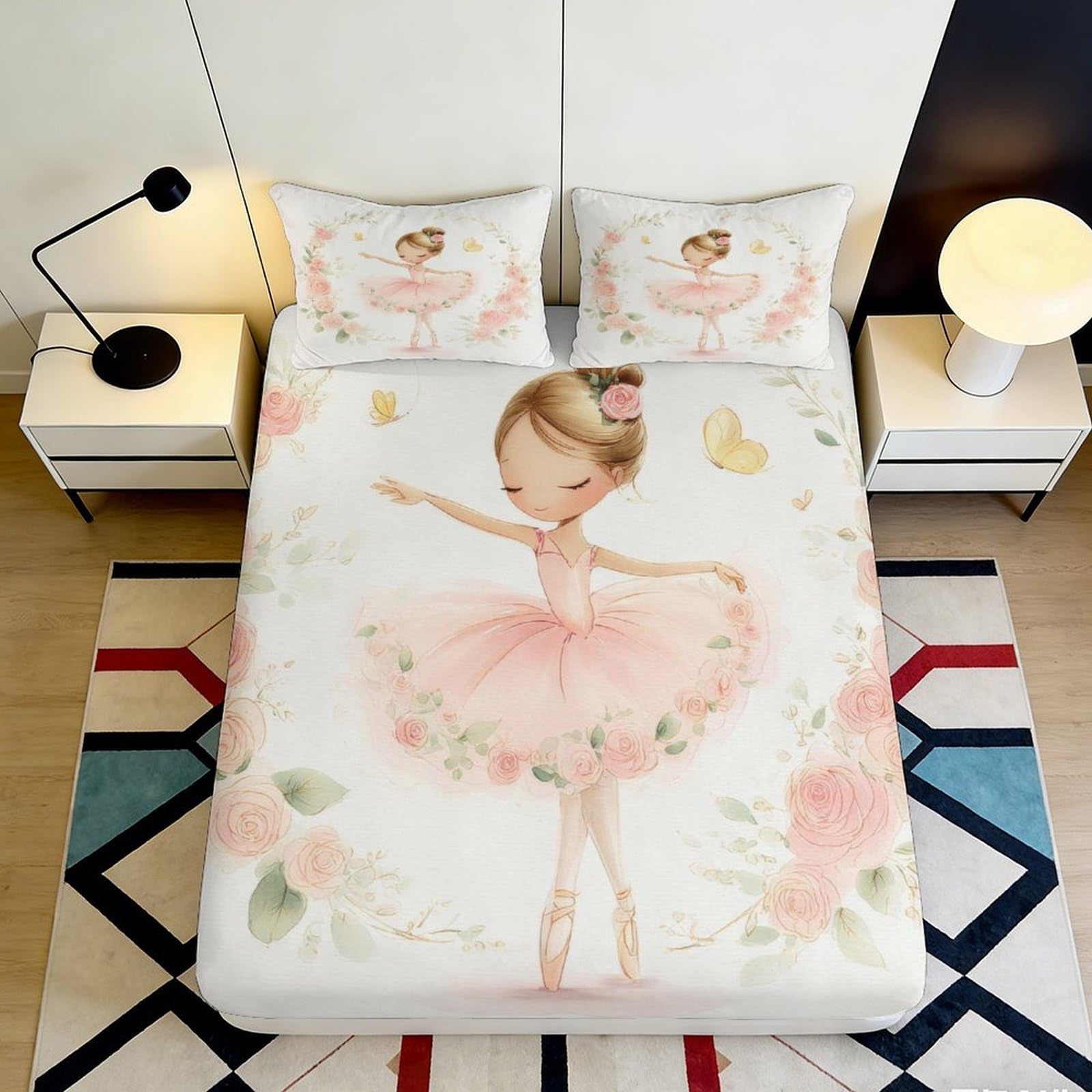 3D Printed Ballet Princess Fitted Sheet Microfiber Pink Floral Ballerina Bed Cover for Bedroom Dorm Mattress Protection Decor 160x200x25cm