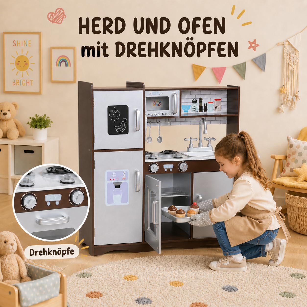 Baby Vivo Kinderküche Spielküche Set aus Holz Kinderspielküche Küche Holzküche Spielzeugküche - Toni in Braun