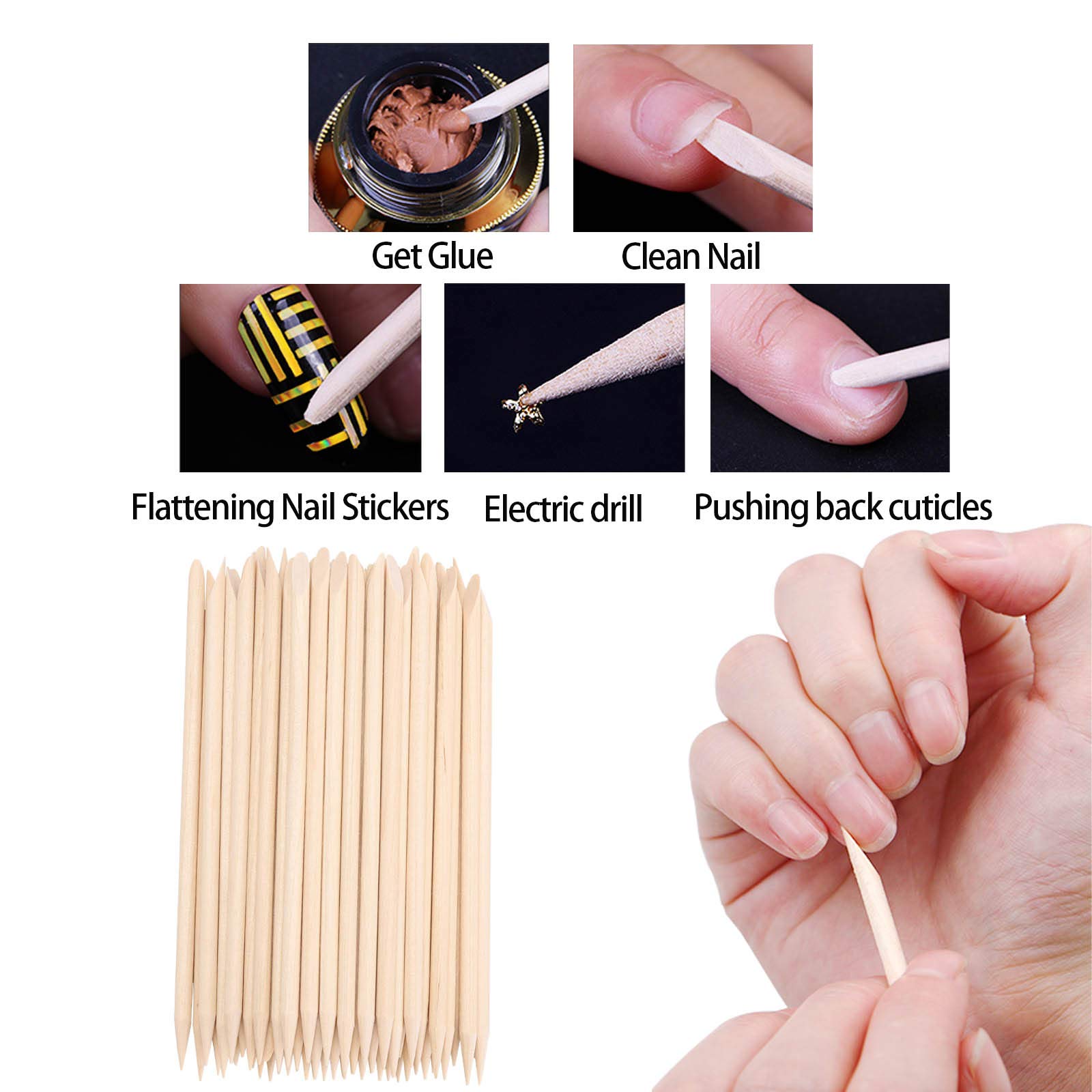 100 Stück orangefarbene Stäbchen für Nägel, doppelseitige multifunktionale Nagelhaut-Sticks, 6 Stück Nagelfeilen mit Körnung 100/180 und 6 Stück Pufferblöcke.