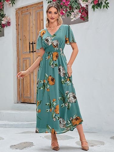 Miniatura 5 de Simplee Vestido largo de playa para mujer con cuello en V y manga corta, diseño bohemio floral, casual, para invitadas de boda y fiestas