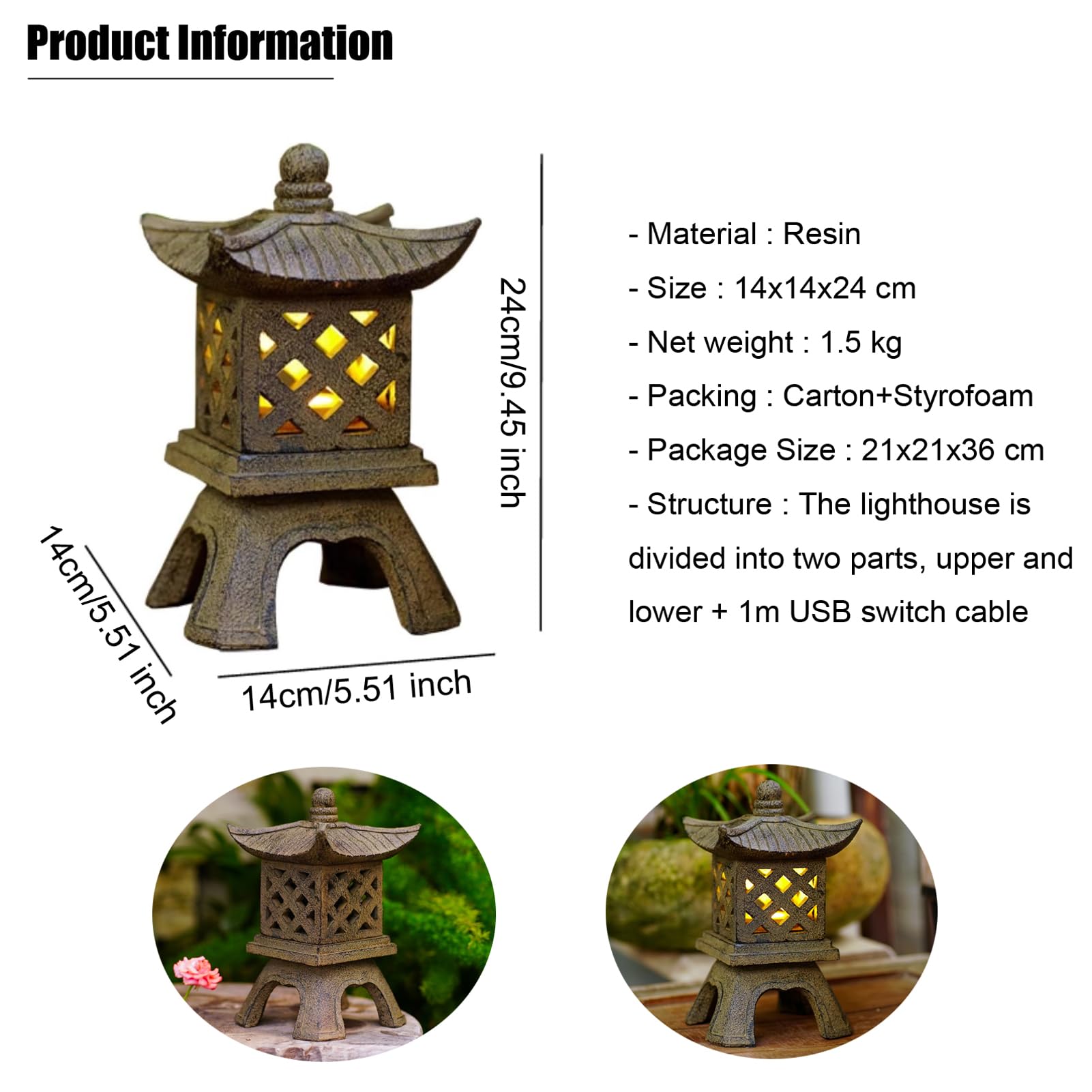 Statua a pagoda alimentata tramite USB, decorazione da giardino in resina impermeabile, ornamenti giapponesi per interni/esterni, patio, balcone, prato, casa