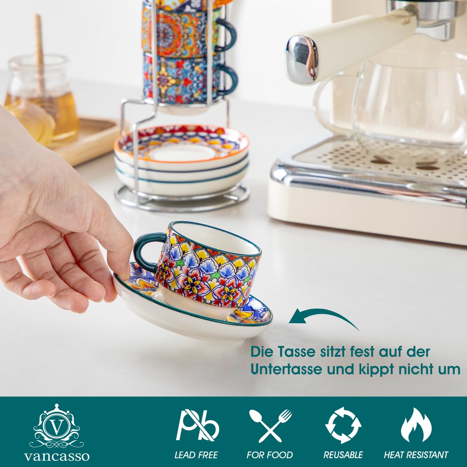vancasso SIMI Espressotassen 4er Set, 90 ml Espresso Kaffeetassen mit Untertassen & Ständer, Stapelbar Dickwandig Kaffeebecher aus Porzellan für Kaffeegetränke, Cappuccino, Latte, Tee – Elegantes