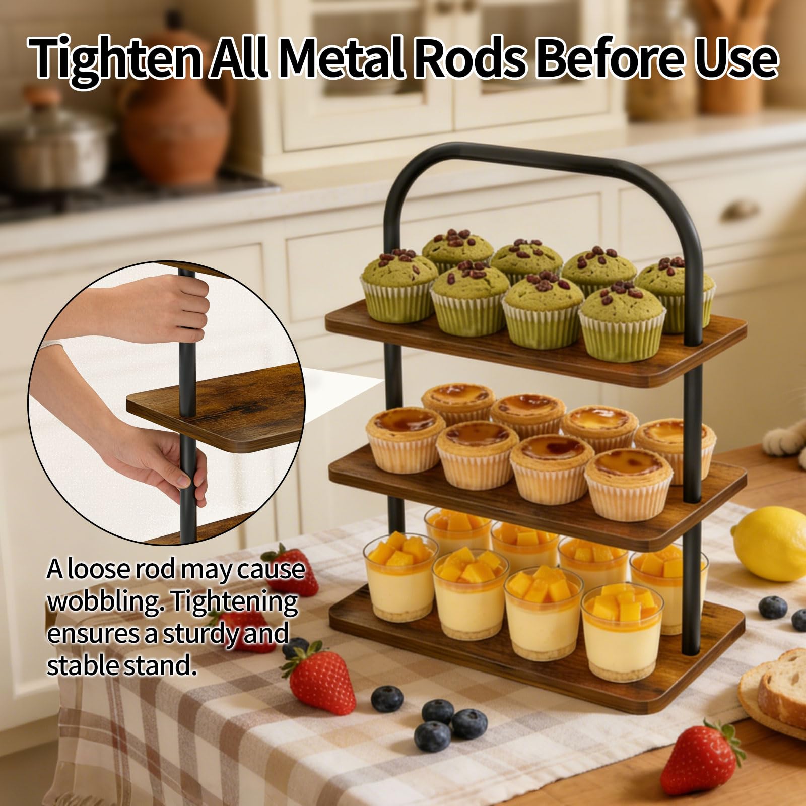 Soporte para magdalenas para 50 cupcakes, paquete de 2 soportes de metal de madera de 3 niveles, soporte de exhibición reutilizable para cupcakes, bandeja escalonada, mesa de postre, juego de bandejas