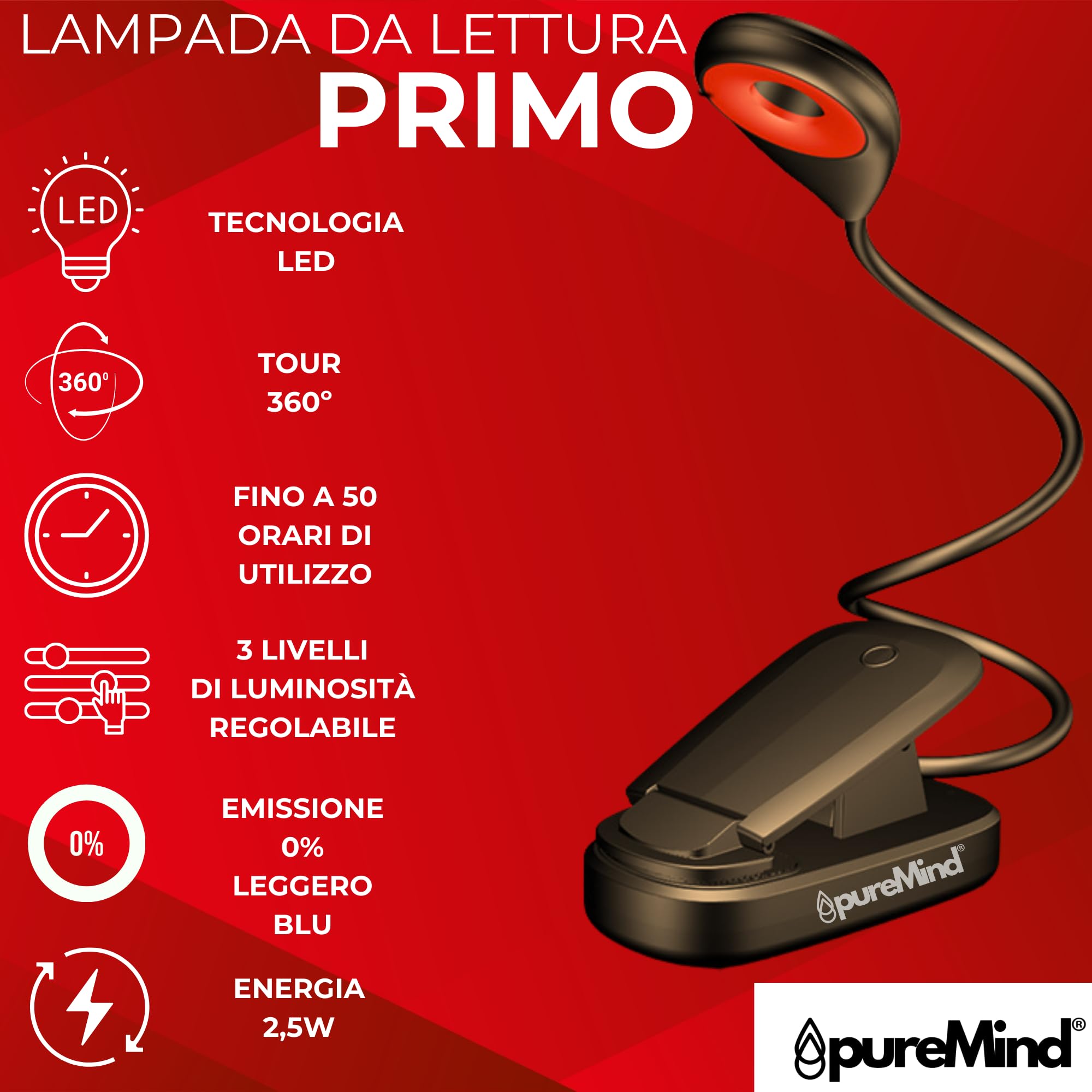 Puremind Lampada Lettura Luce Rossa con Pinza USB Ricaricabile - Senza Luce Blu + Flicker Free - Collo Flessibile 360º + 3 Intensità - Lettura Notturna a Letto + Relax + Studio