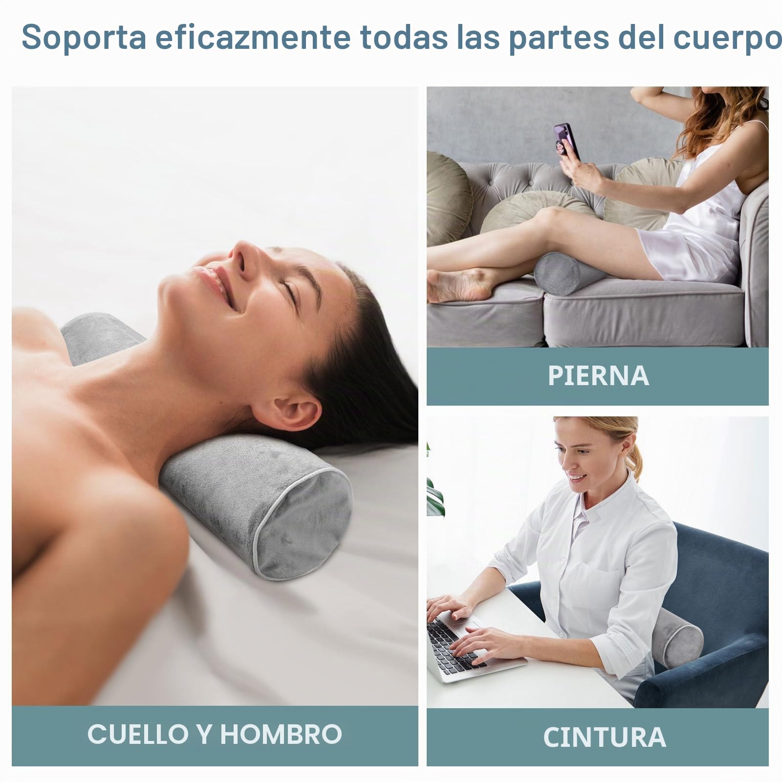 Almohada Cervical Redonda Cilíndrica 43x10 Cm de Algodón Viscoelástico Funda Lavable, Soporte Lumbar Ergonómico para Dormir, Viaje y Oficina, Cojín Terapéutico para Cuello