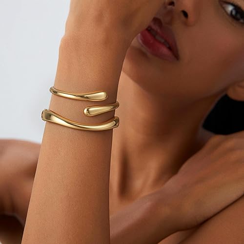 Miniatura 4 de Brazaletes de oro, para mujer, modernos, chapados en oro de 18 quilates, juego de brazaletes gruesos de oro, no se deslustra, impermeable, regalos