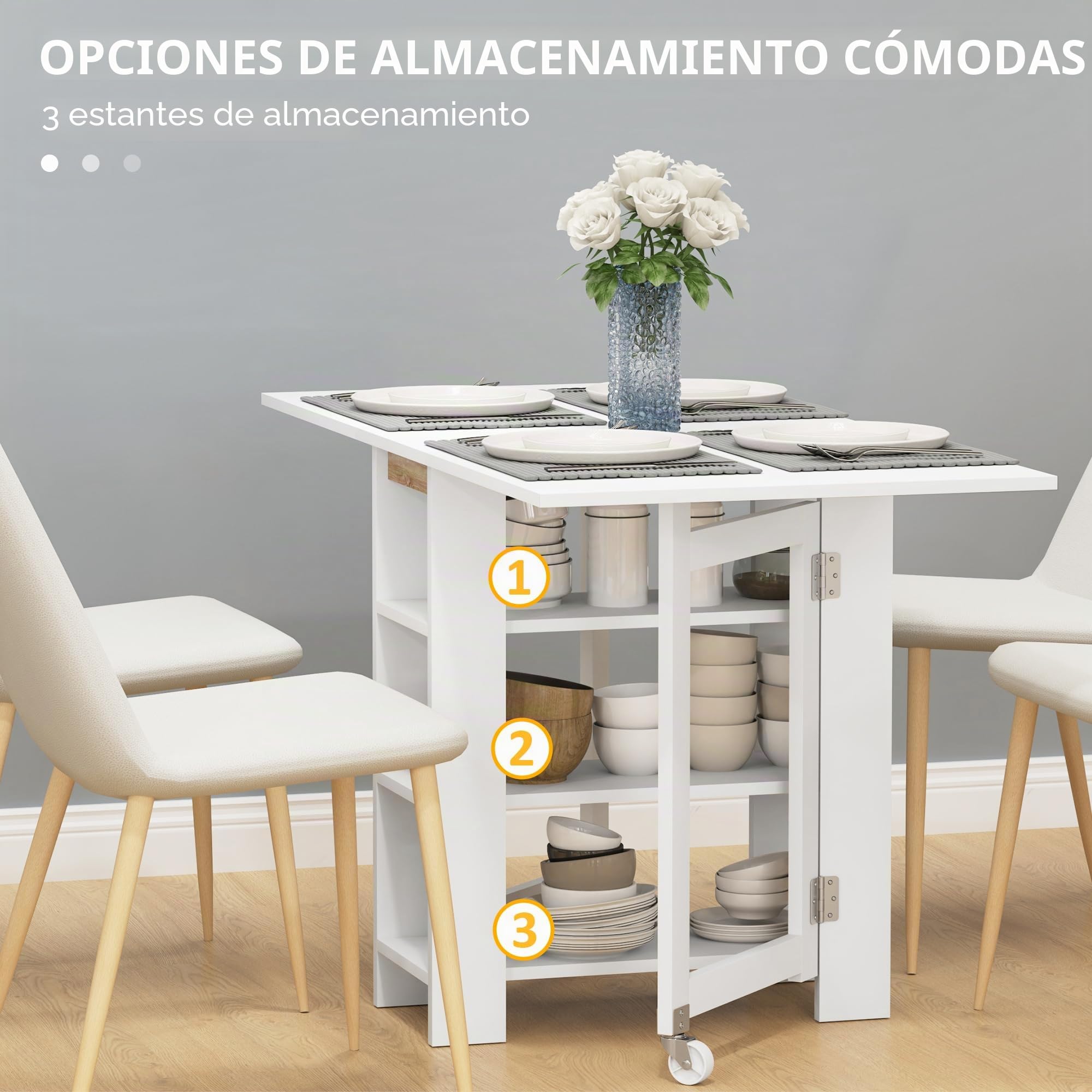 HOMCOM Mesa Plegable de Comedor con Ruedas Estantes 120x60x75 cm Blanco | Mesa de Cocina Plegable, Alas Abatibles, Hasta 4 Personas, para Salón, Espacio Pequeño