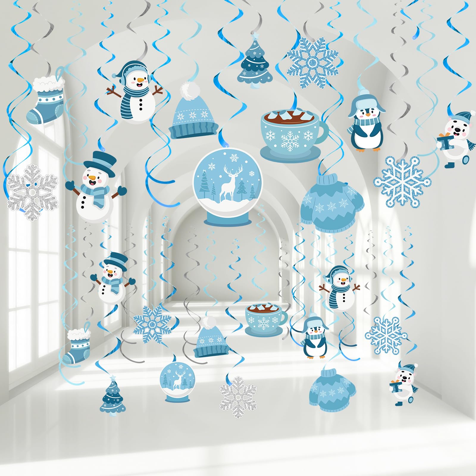 56Pcs Christmas Hanging Swirl Streams Decorations Set, Elk Snowflake Snowman Ceiling Hanging for Winter Holiday Wonderland Xmas Party Classroom Office Home Decorations