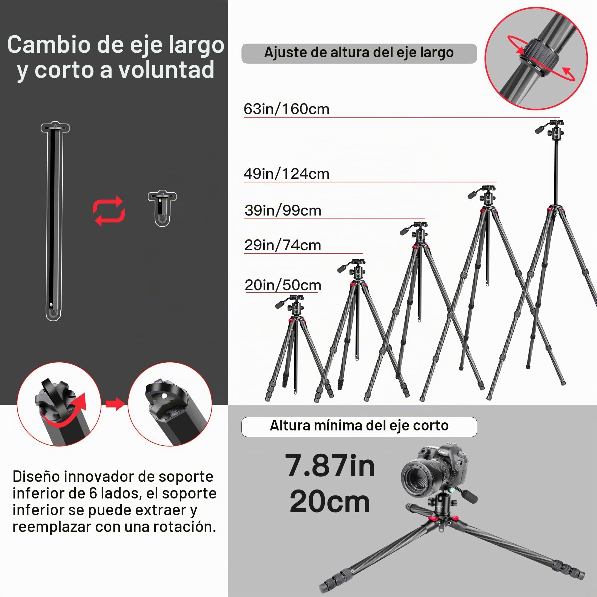 Trípode de Cámara Manbily 162cm Tripode para Movil Monopie Portátil para Viaje Trípode Camara DSLR Ligero Fotografía Monopié de Fibra de Carbono con 360° Panorámica Rótula de Bola Video (YS-254C+YF-0)