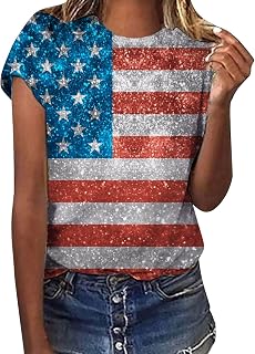 DABAOK T Shirts for Women UK Fashion Independence Day Casual Printing Short Sleeves Crew Neck Loose Tops Tunic Summer Clothes Sale Clearance