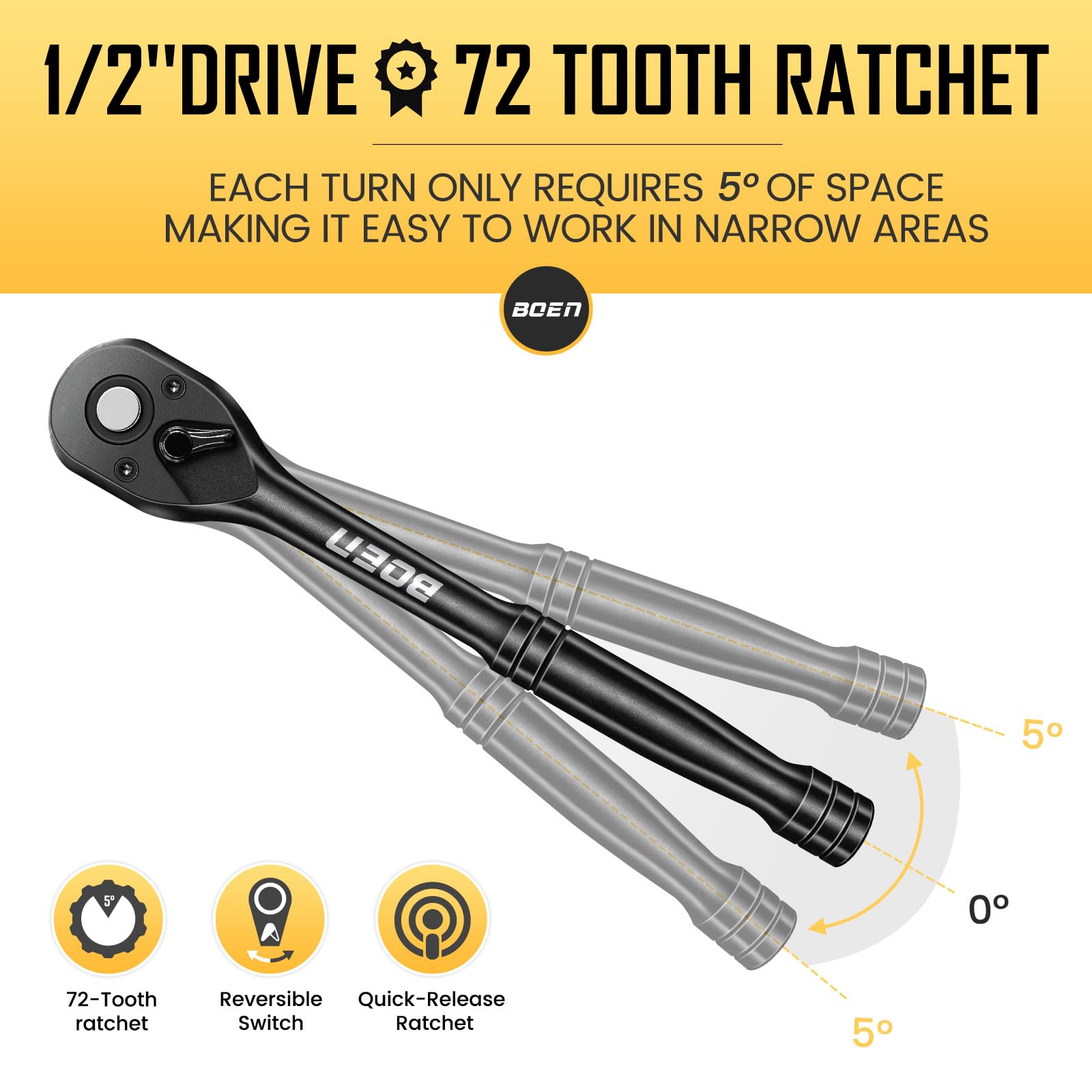 Snapklik.com : 1/2 Inch Drive Ratchet, 72-Tooth Quick-Release Ratchet ...