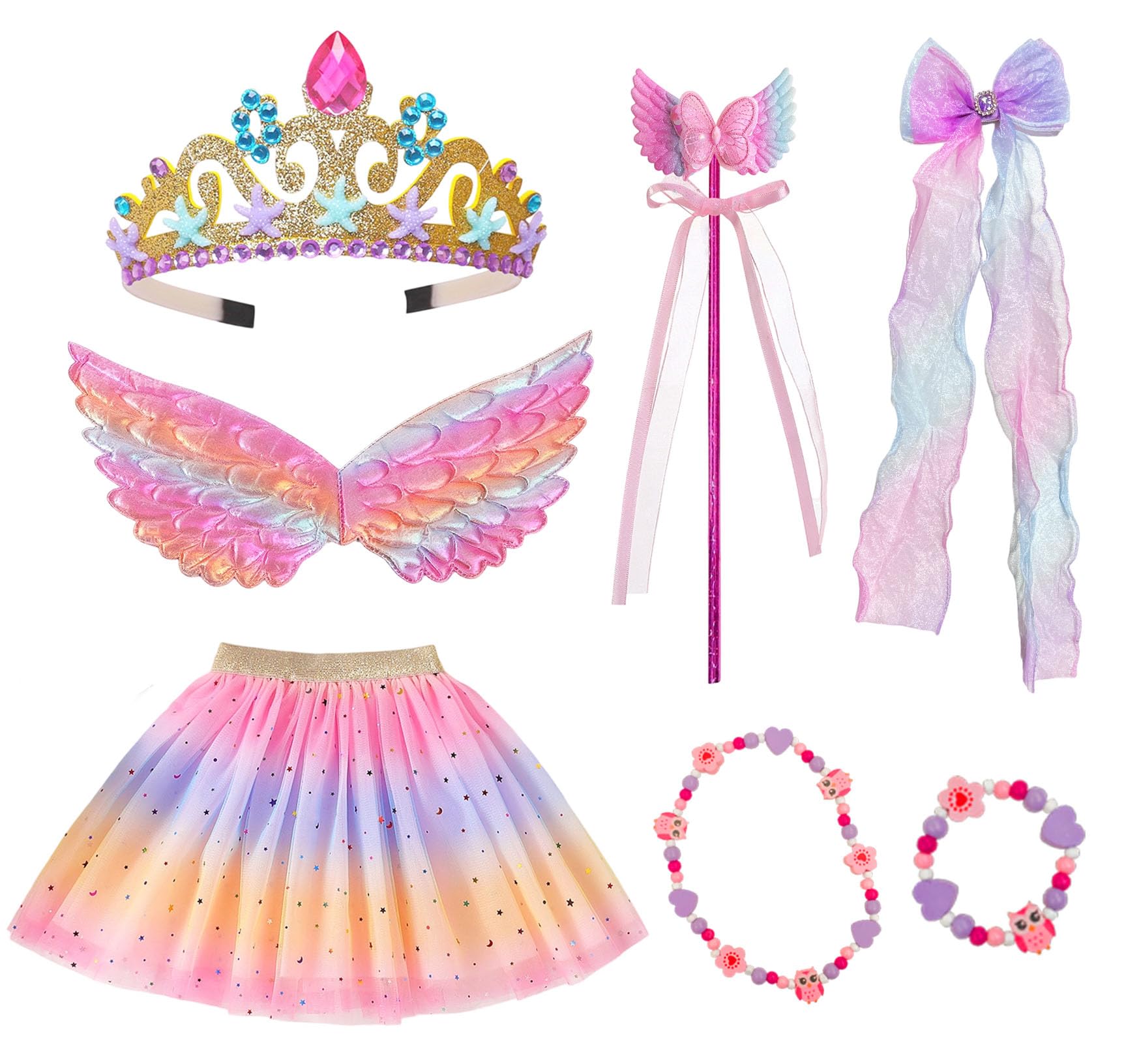 7 Pcs Fairy Costume for Girls Butterfly Fairy Wings Kids Party Dress Up Kit with Crown Headband Skirt Magic Wand Necklace Bracelet Hair Clip Kids Angel Princess Outfit for Parties and Role Play