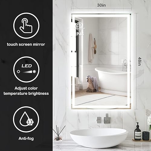 Miniatura 10 de ROOMTEC Espejo de baño LED de 48 x 36 pulgadas con parte delantera y retroiluminada, antiniebla, 3 colores y luz regulable (horizontalvertical)