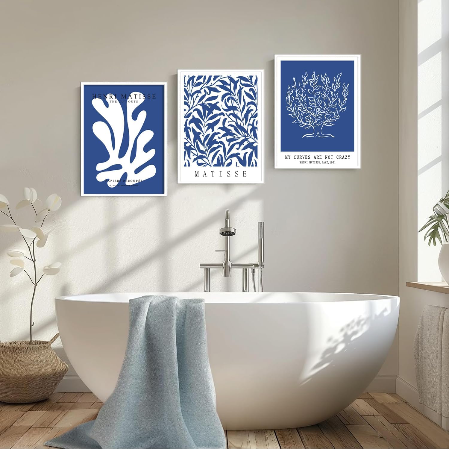 lianyibo Henri Matisse, niebiesko-białe abstrakcyjne linie botaniczne, nowoczesny plakat minimalistyczny, dekoracja domu (60 x 80 cm x 3 / rama wewnętrzna)