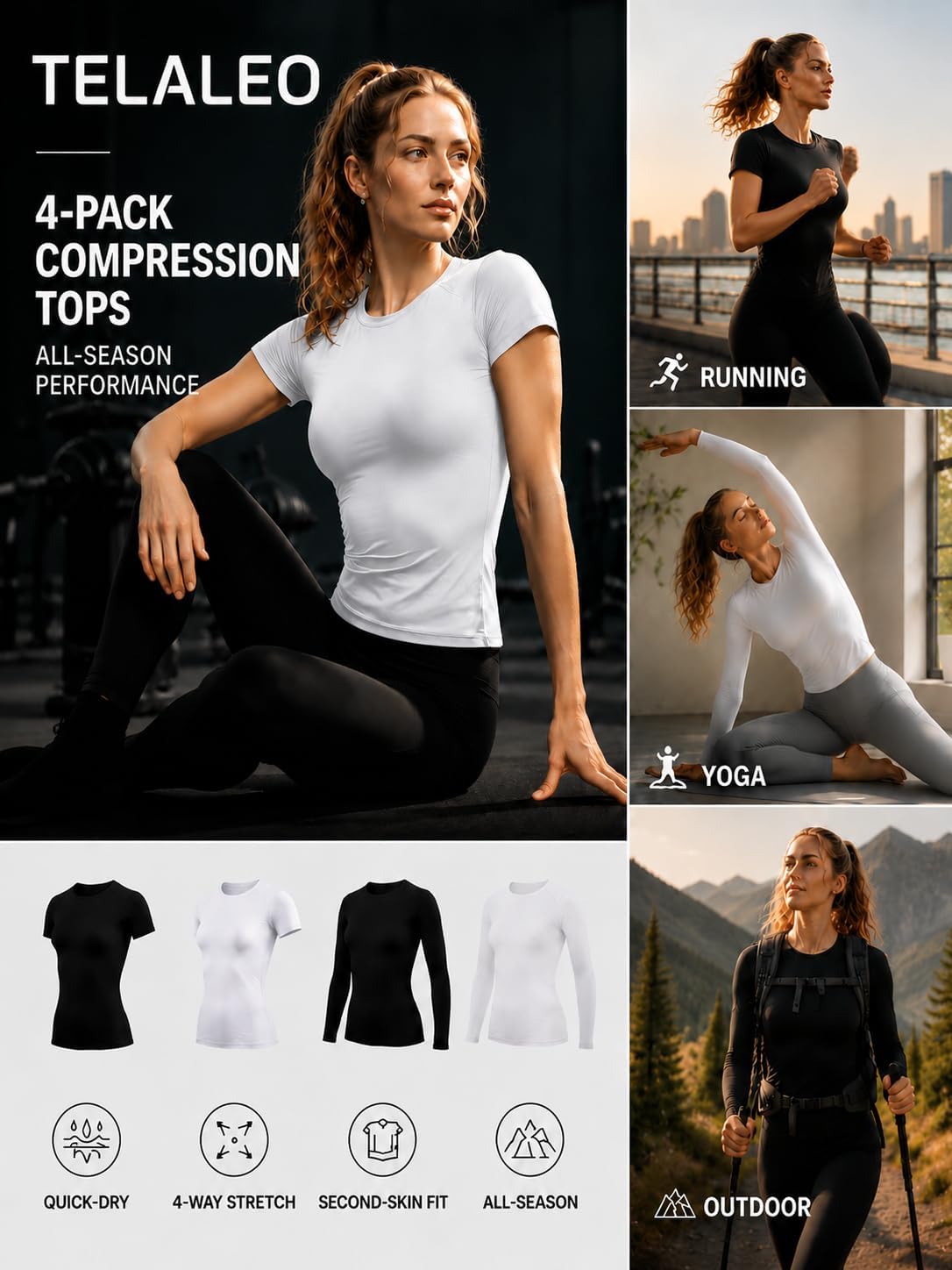 TELALEO 4-Pack Compression Shirt Women Long Short Sleeve Underscrubs