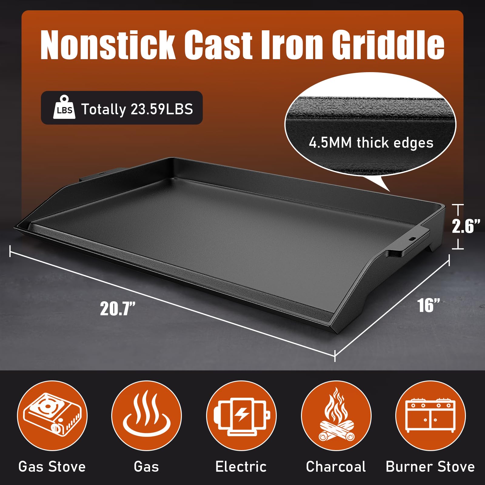Cast Iron Griddle for Stove Top Griddle for Gas Grill Universal Flat Top for Grill Plate with Extra High Sidewalls for All Gas Grills and 4 Burner Range Oven, 23