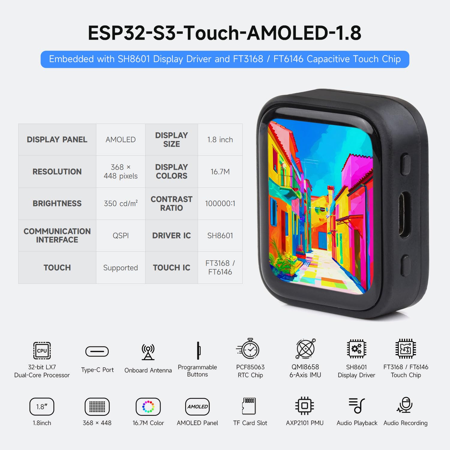 Waveshare ESP32-S3 1.8inch AMOLED Touch Display Development Board, 32-Bit LX7 Dual-Core Processor, 368x448, Accelerometer&Gyroscope Sensor, ESP32 With Display, Support 3.7V Li Battery(NOT Included)