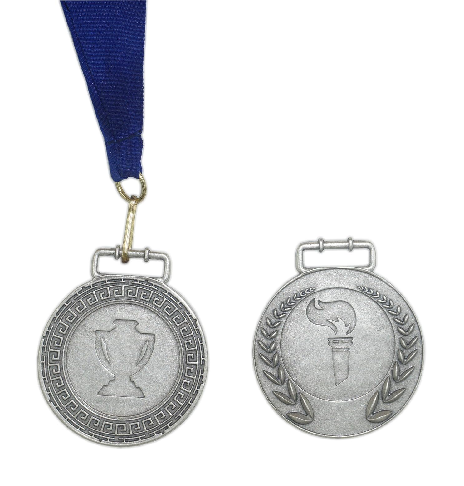 Torch symbol medal for sports awards with blue ribbon. SILVER plated metal. Diameter 1,88 in. Handmade Italian Craftsmanship