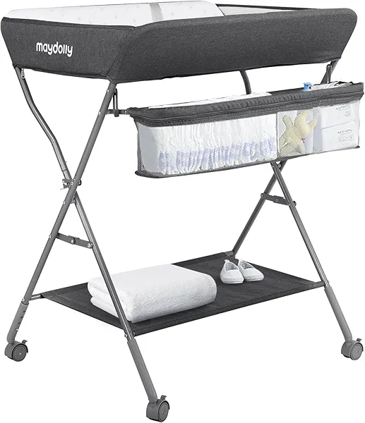 Baby Changing Table with Wheels, Maydolly Portable Adjustable Height Folding Diaper Station with Nursery Organizer & Storage Rack for Newborn Baby and Infant (Dark Grey)