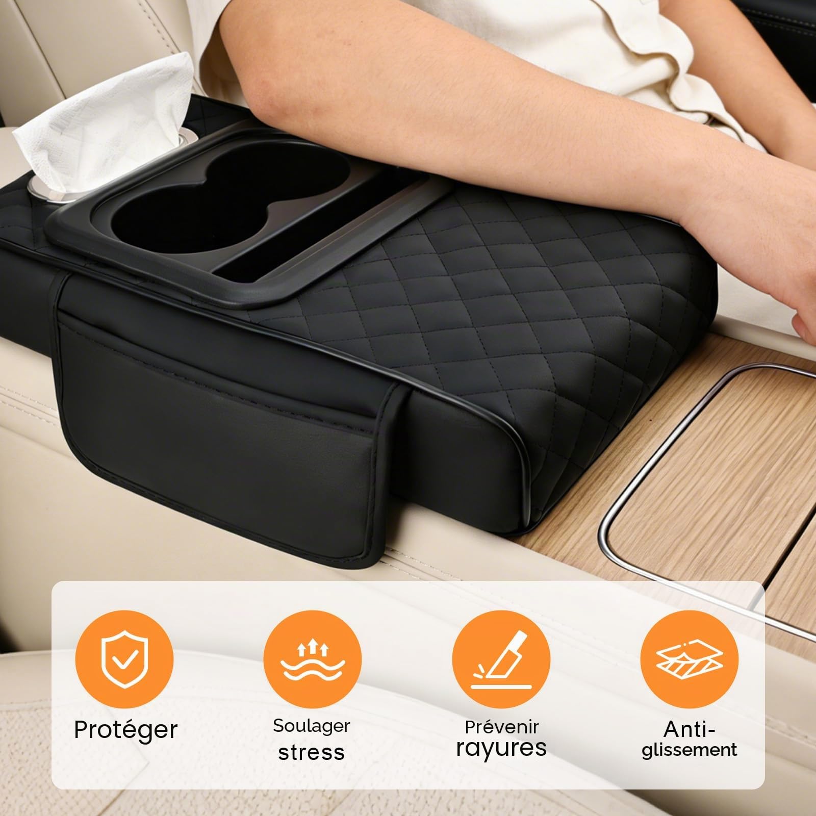 Coussin d’accoudoir de Voiture Universel Multifonction,Housse Console Centrale avec Poches et Porte-gobelet – rehausseur en Mousse mémoire,Cuir synthétique PU,pour Voitures,SUV,camions (Noir)