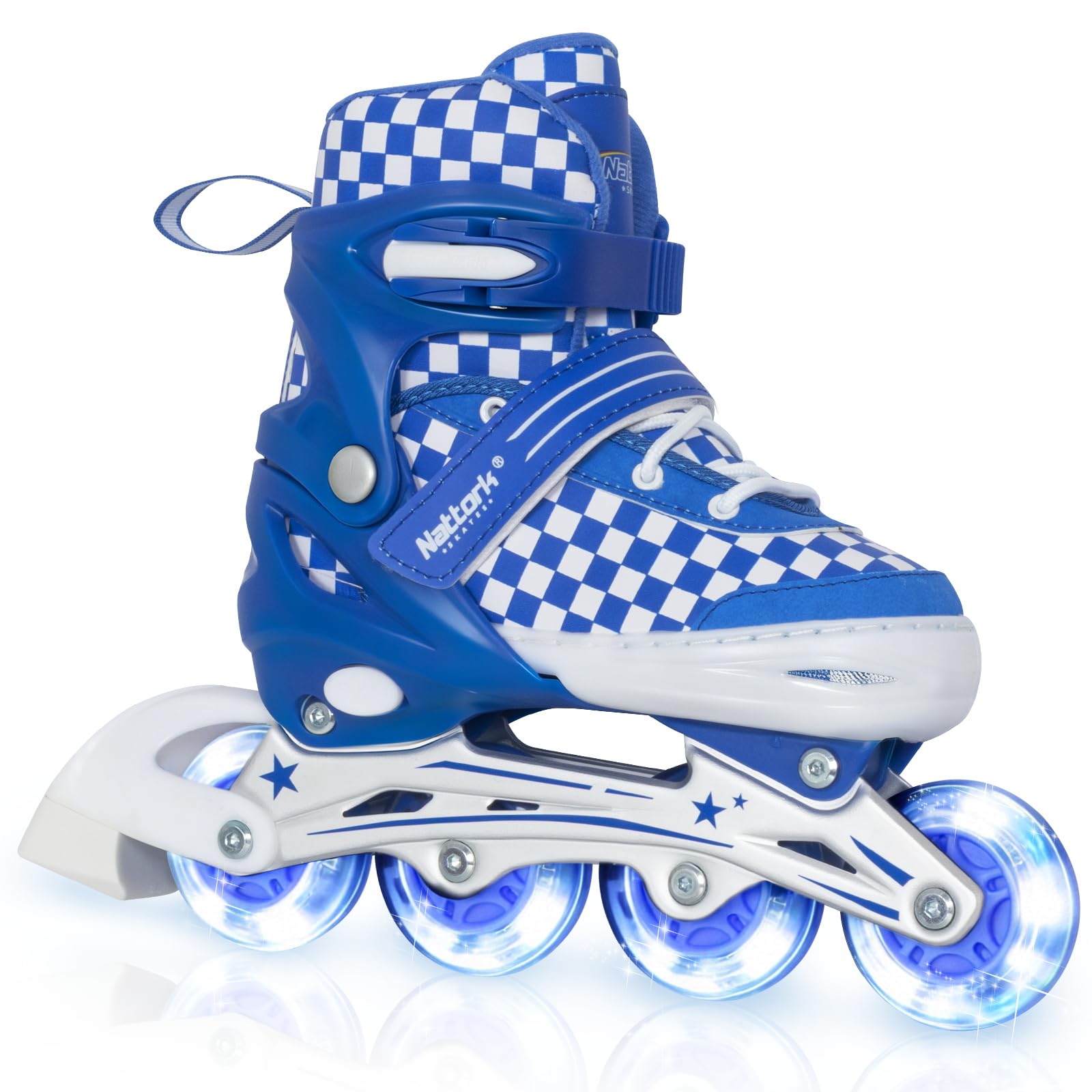 Nattork Adjustable Inline Skates for Kids Teens, Illuminating Wheels Blades Roller Skates with Checkerboard Design for Boys Girls Blue Size 1 2 3 4