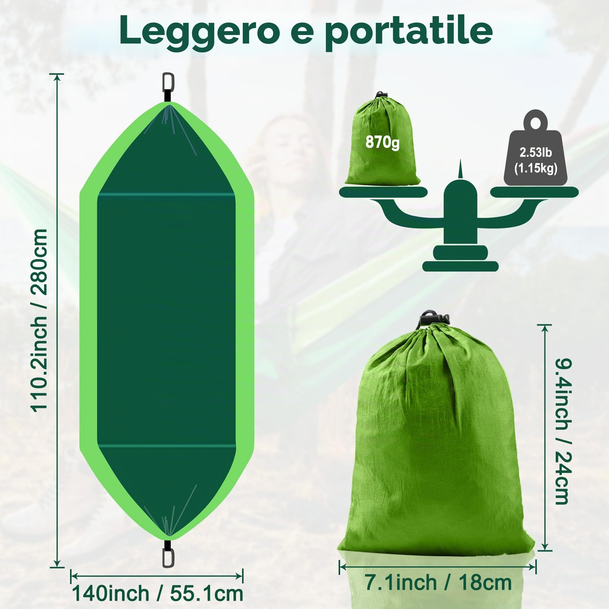 Amaca da campeggio portatile 280x140 cm verde scuro con cinghie