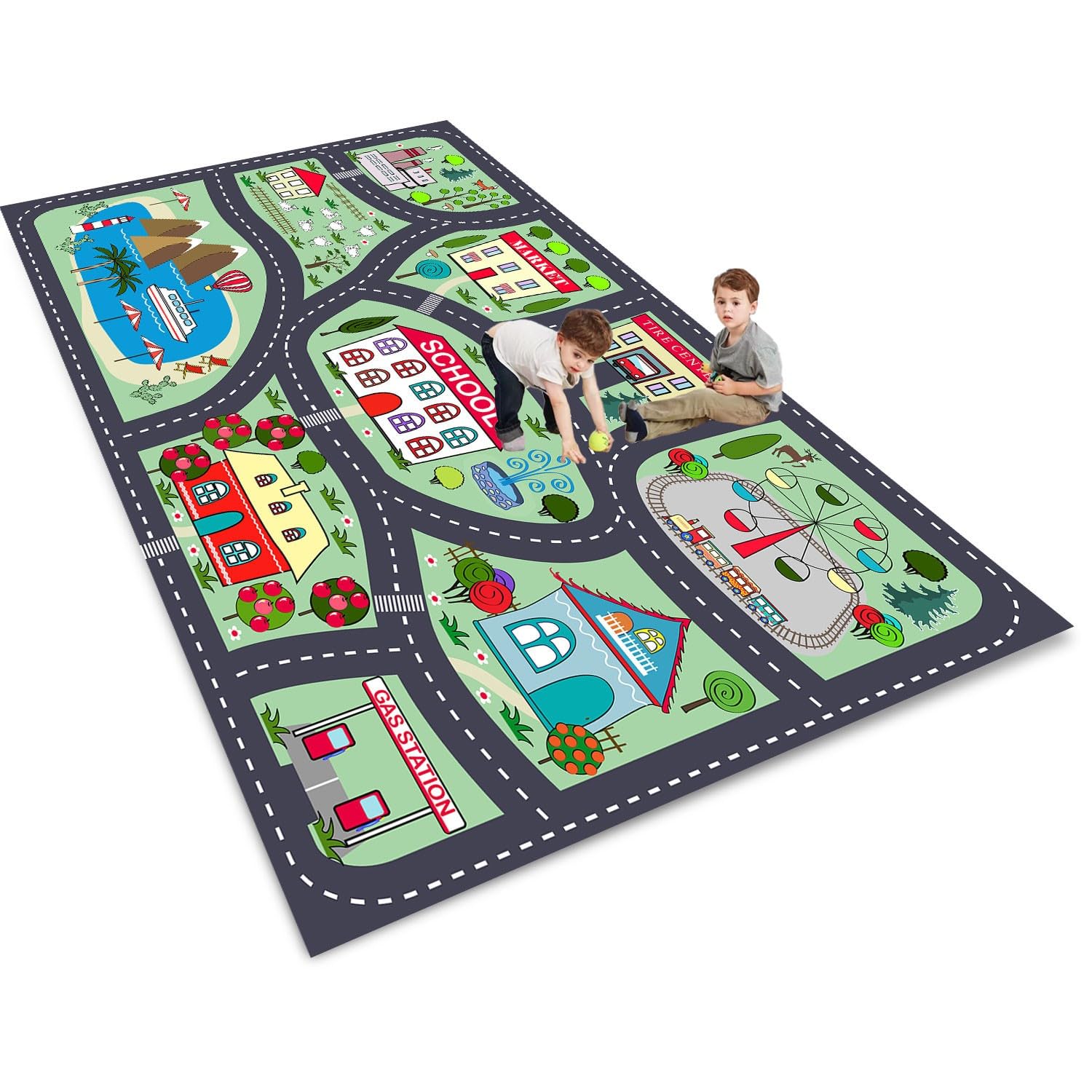 ZFHNYJWKL Kinder spielteppich Auto Jungen & Mädchen Teppich Straßenteppich Bauteppich Stadtstadt Lernbereich Teppich Pädagogischer Antirutsch für Kinderzimmer Grau Blau Grün(D,200X300CM)