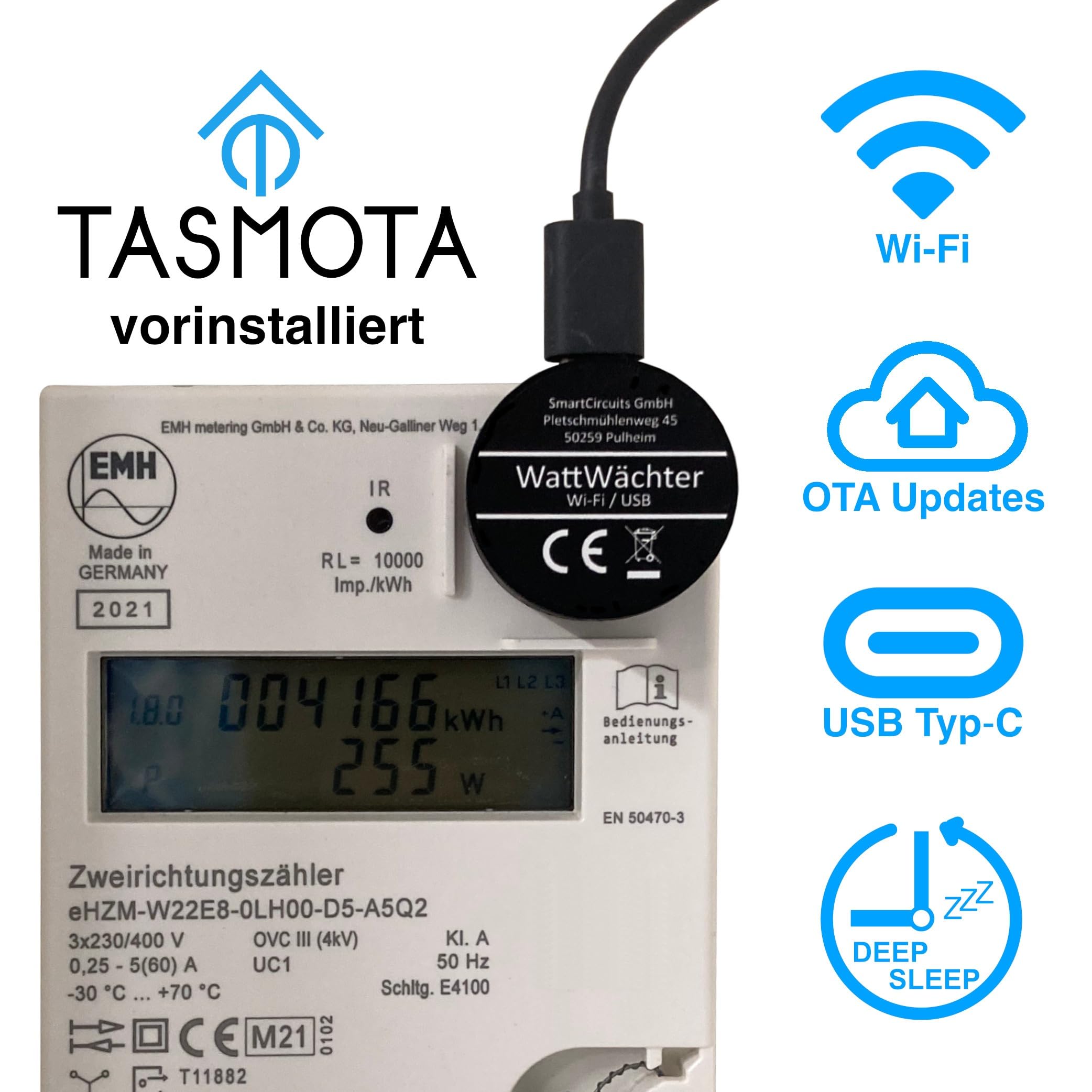WattWächter - Cabezal de lectura por infrarrojos (Wi-Fi/USB, para contador de electricidad/SmartMeter/EHZ, Tasmota preinstalado, Wi-Fi, contador de cuentas)
