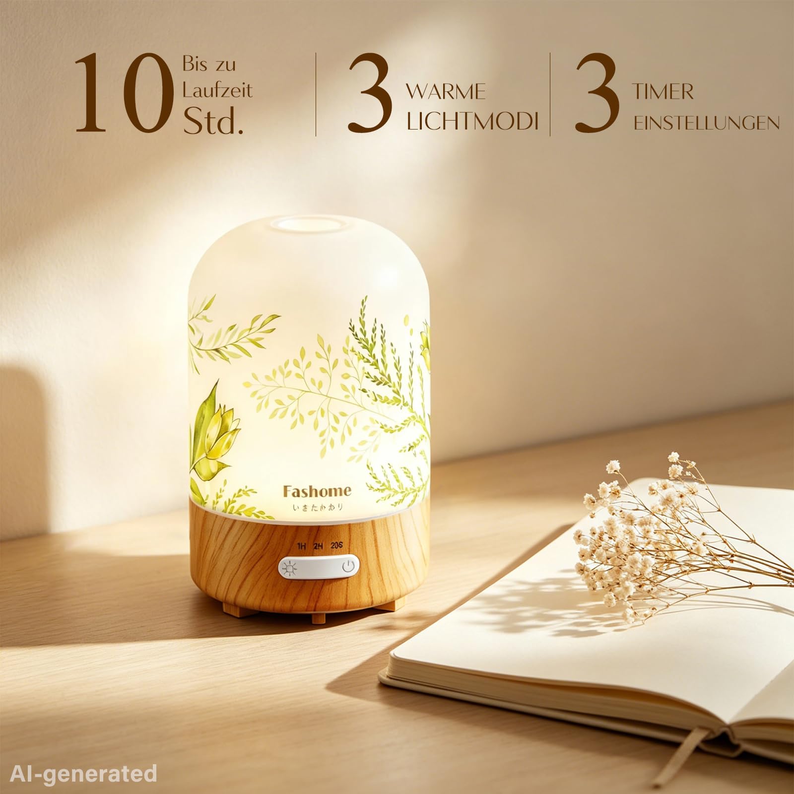 Aroma Diffuser 100ml Glas handgefertigt, Sommer-Edition Jasmin, Inkl. 10ml Jasmin-Öl, Ultraschall Diffusor für ätherische Öle, Leise Luftbefeuchter Warmlicht & Abschaltautomatik, Geschenk-Set