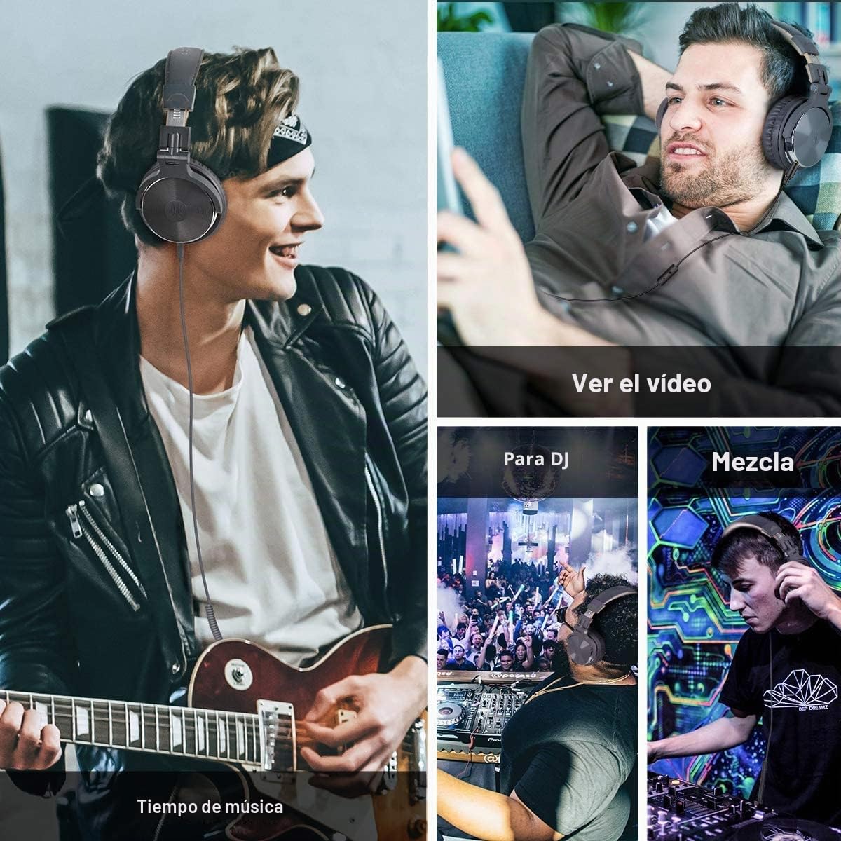 OneOdio - Auriculares con cable para DJ y piano con micrófono, sonido extra bajo, ligero y cómodo plegable con Share-Port, 2 enchufes jacks, auriculares para PC Studio Monitor AMP Pro-10 (gris)