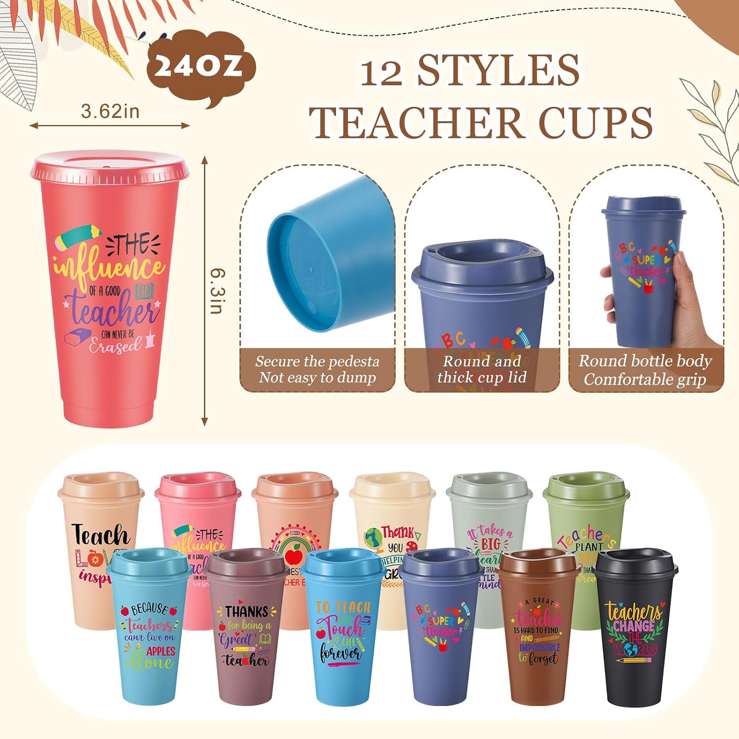 Pickmesh Teacher Appreciation Gift 2026 Bulk 48 Pcs / 12 Sets Thank You Teacher Gift 24oz Plastic Tumblers Makeup Bag Keychain Ballpoint Pen for Teacher's Day(Inspirational Coffee Cup,Morandi)