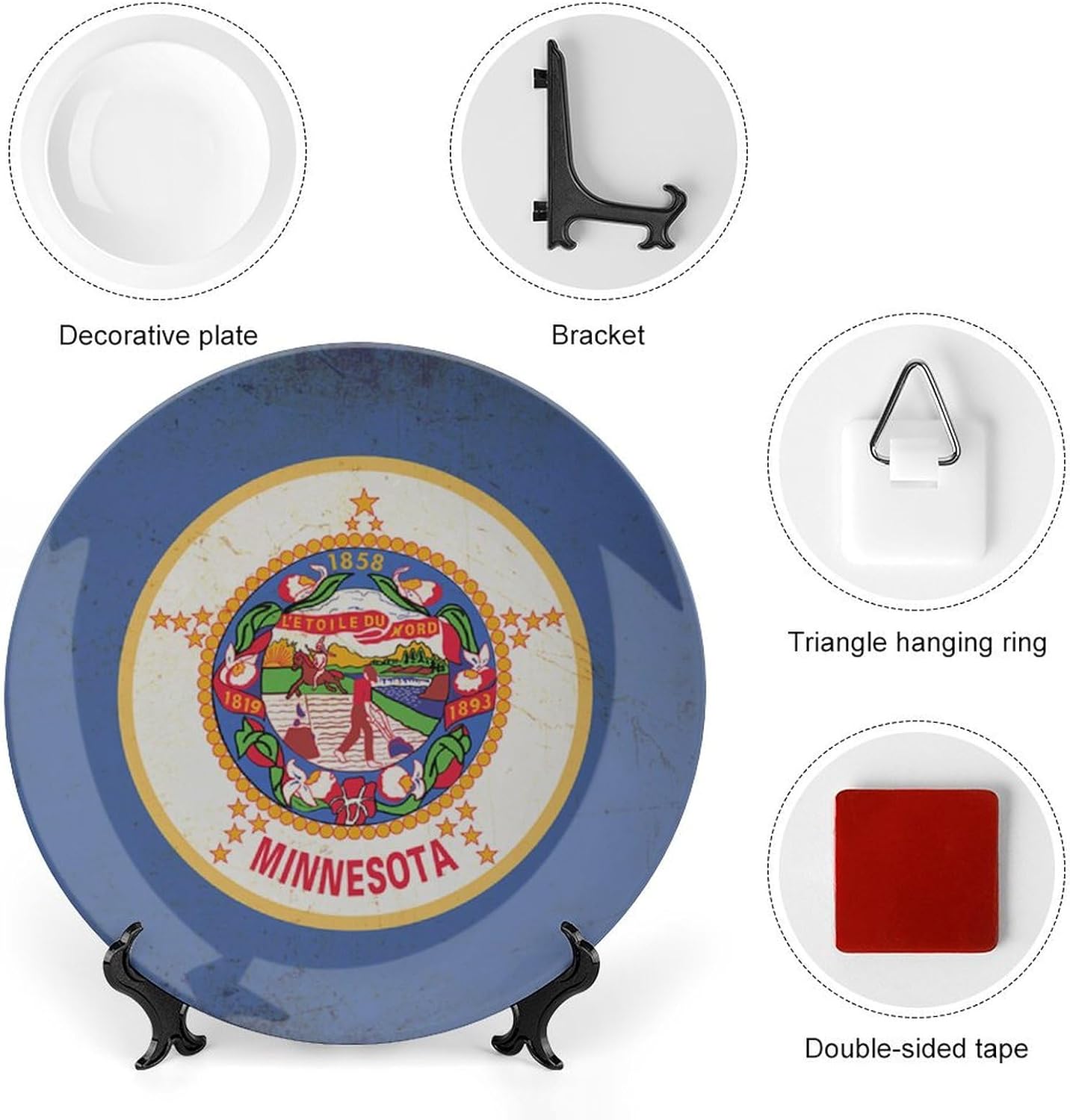 Bone China Decorative Plate, Minnesota State Flag Ceramic Decorative Plate for Home Office Wall Decor, with Vertical Stand Decorative Plates for Home Club
