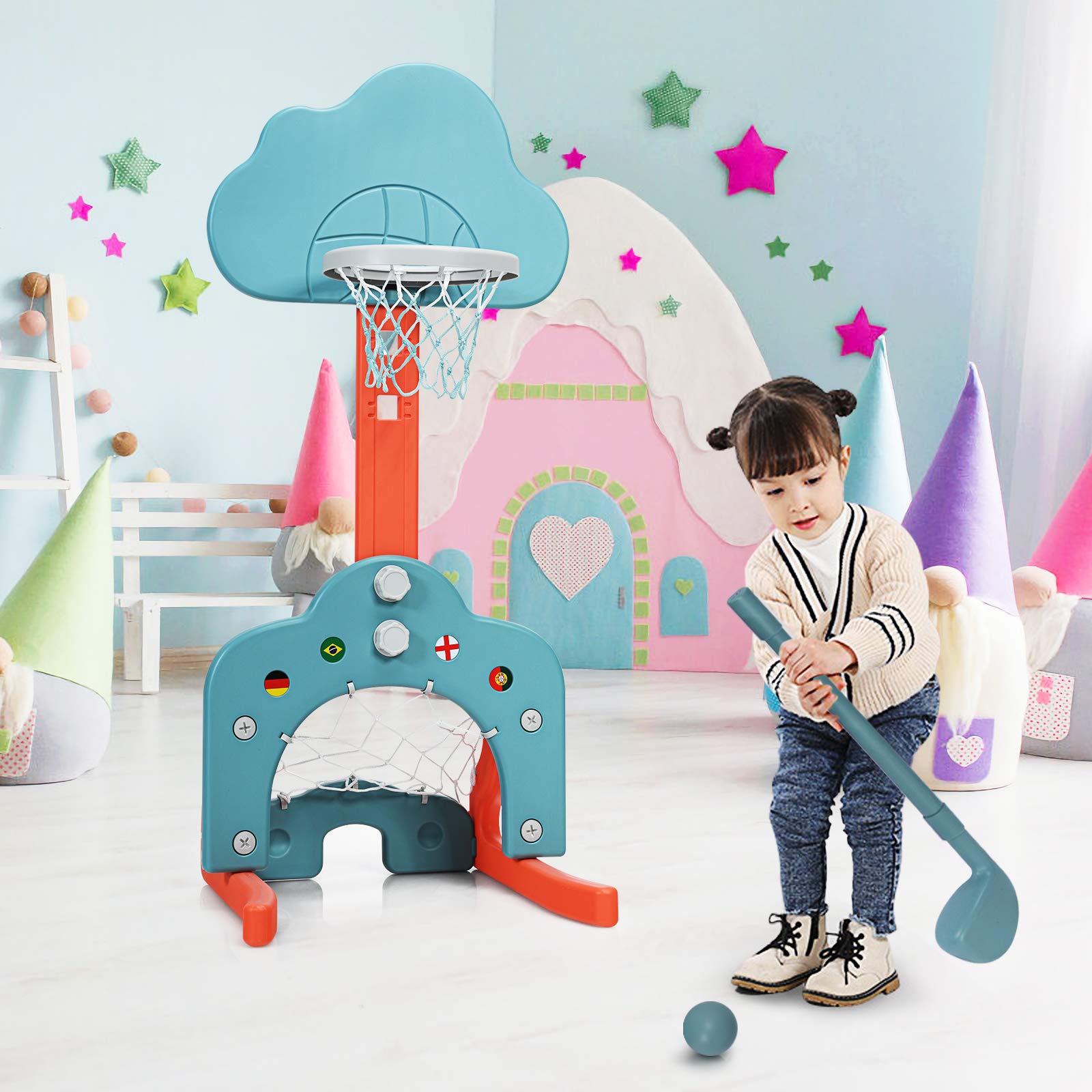 COSTWAY 3 en 1 Panier de Basketball pour Enfant 2-7 Ans avec Hauteur Réglable(77-116cm), Support de Basketball en Forme Neige avec Structure Stable, Bords Lisse, Jeu de Golf pour Garçons Filles