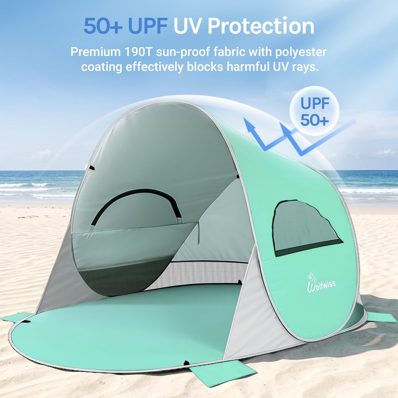 Wolfwise Pop Up – Osłona Plażowa UPF 50+, Namiot Plażowy, Przenośny Namiot do Aktywności na Świeżym Powietrzu i Uprawiania Sportu, Miętowy zielony