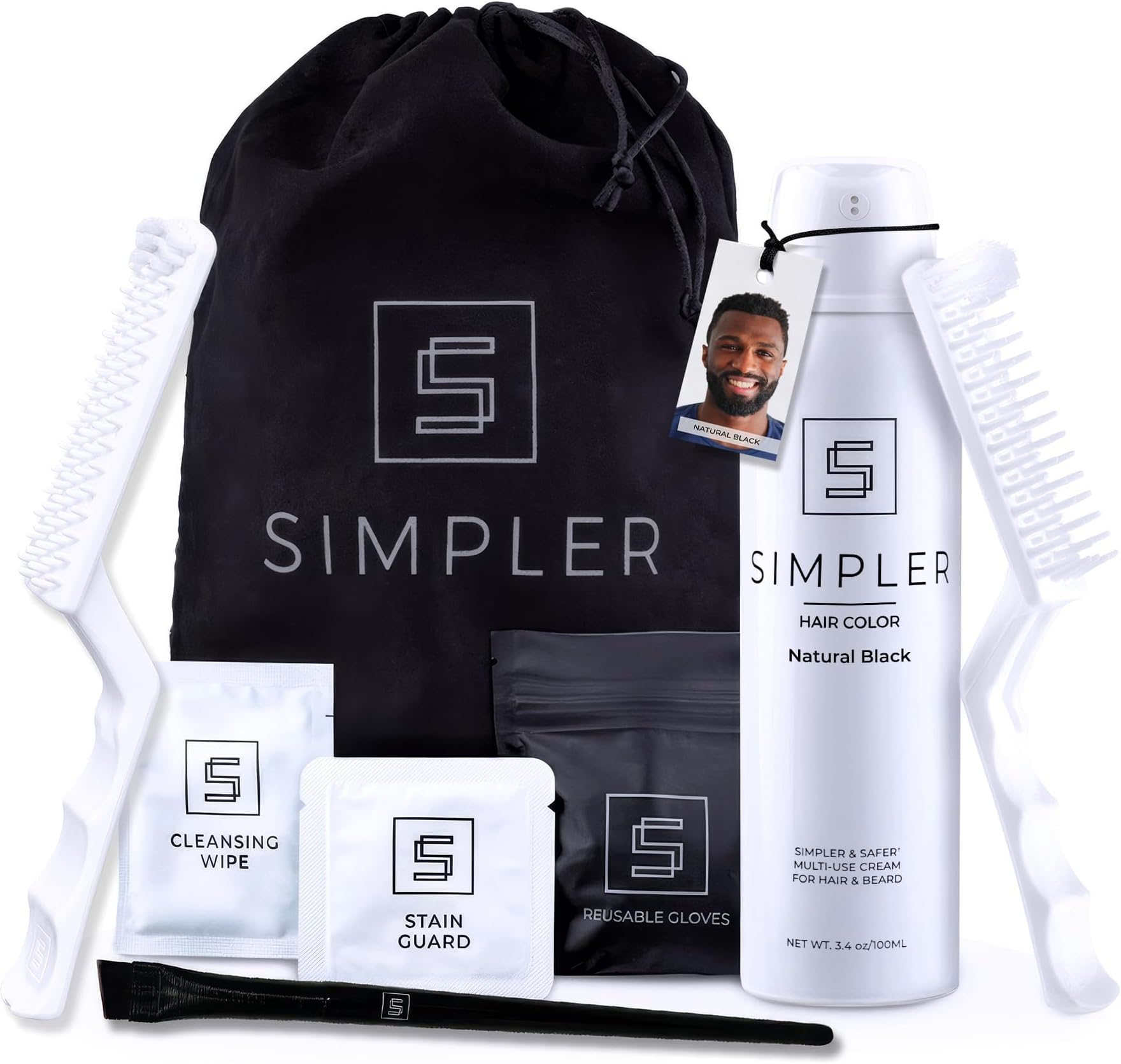 Simpler Hair Color Natural Black Mustache and Beard Upgraded Brush Kit with 3 Brushes Included for Precision Application - Gentler, Ammonia Free Beard Dye for Men w/Aloe Vera, Avocado Oil & More.