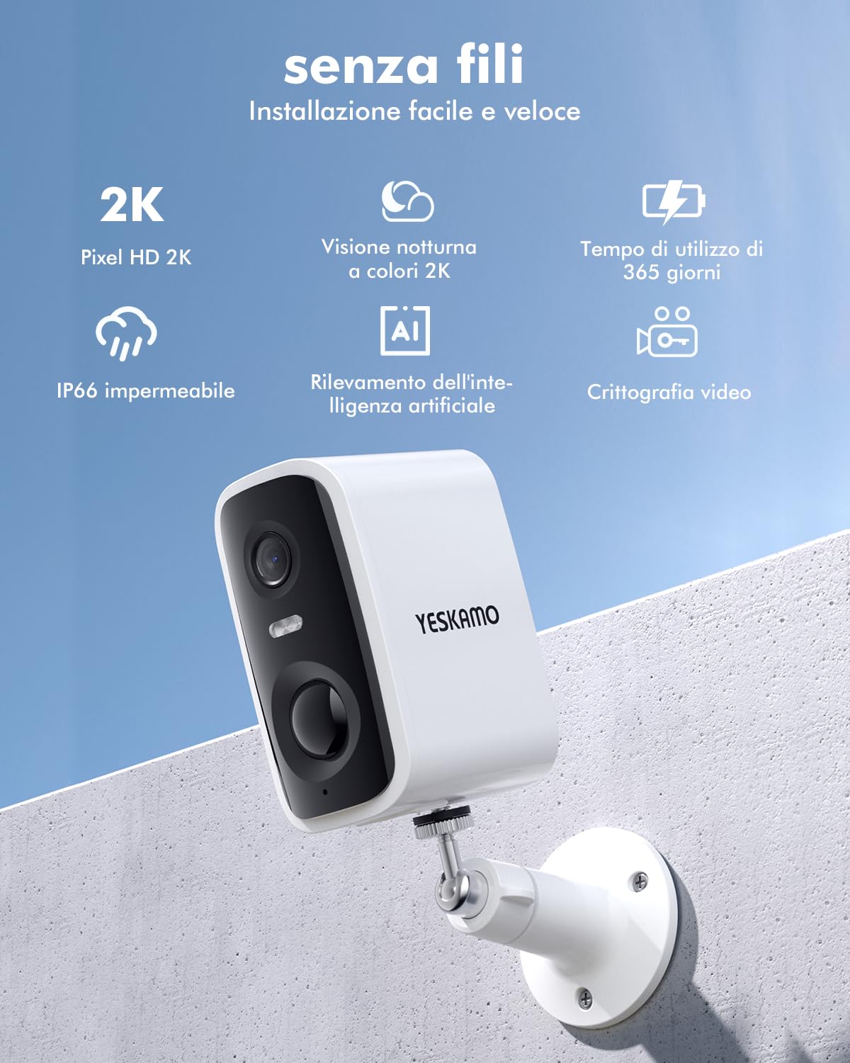 Telecamera WiFi Esterno 2K Con Batteria - Visione Notturna A Colori, IP66, Rilevamento PIR, Senza Fili - Foto 6