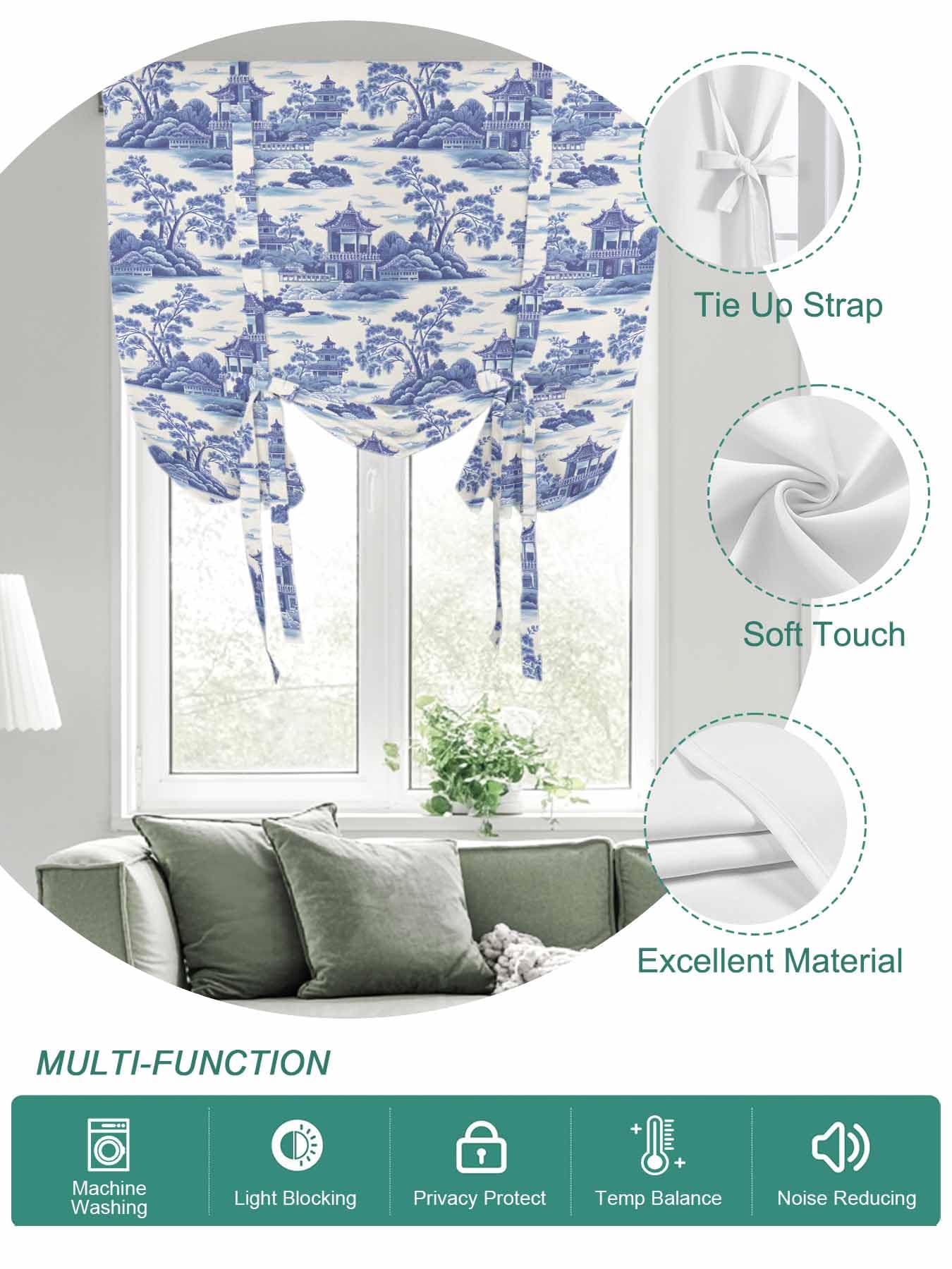 Tie Up Curtains for Windows Purple Garden Roman Shade 46 x 63 Inch Bathroom Curtains Window Modern Art Building Trees Rock Landscape Rod Pocket Short Balloon Curtains for Living Room Kitchen Blinds