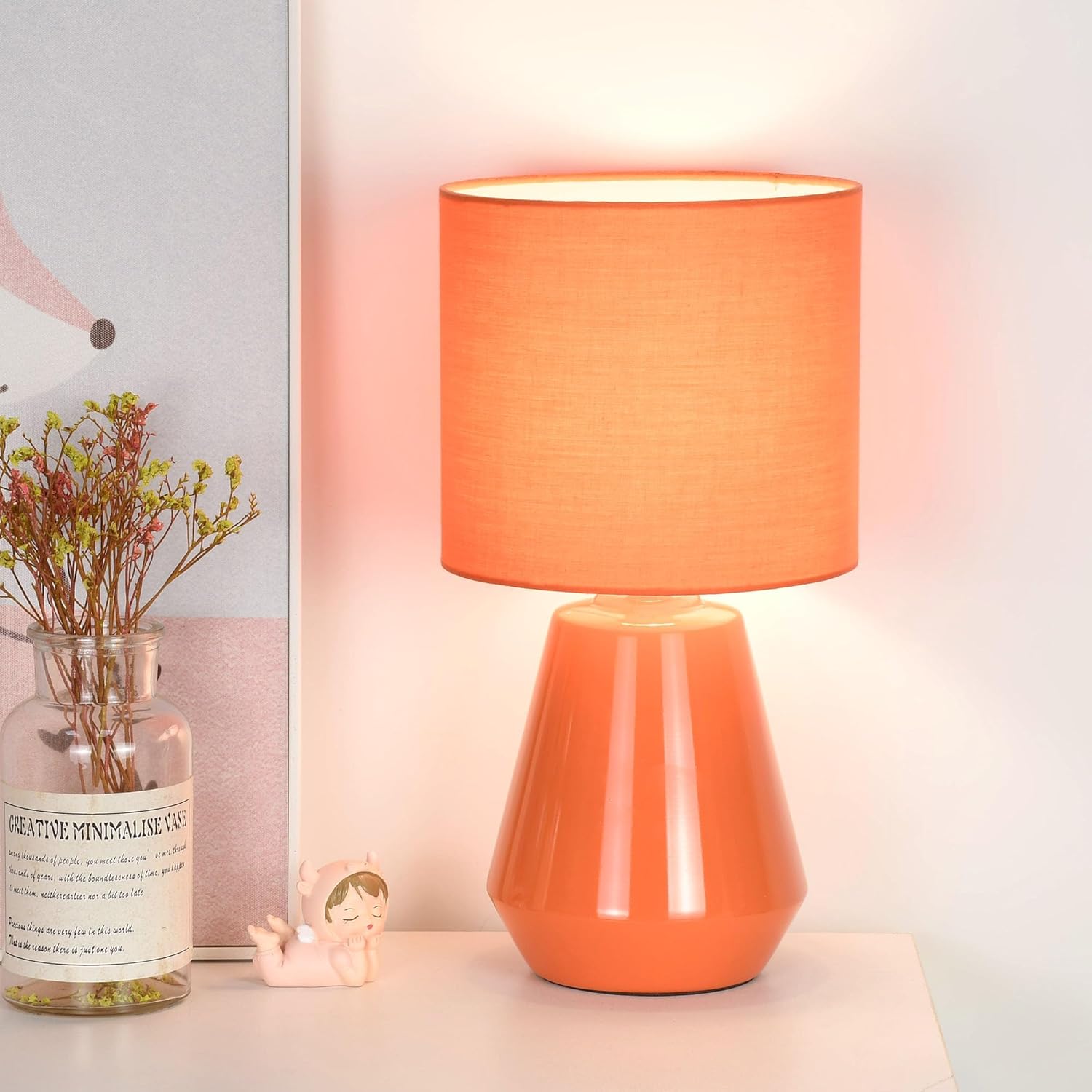Lampwell Vane Small Ceramic Table Lamp for Living Room and Bedroom,Modern Kids Night Table Lamp,Φ7.09×H13.39IN,Bulb Excluded,Orange