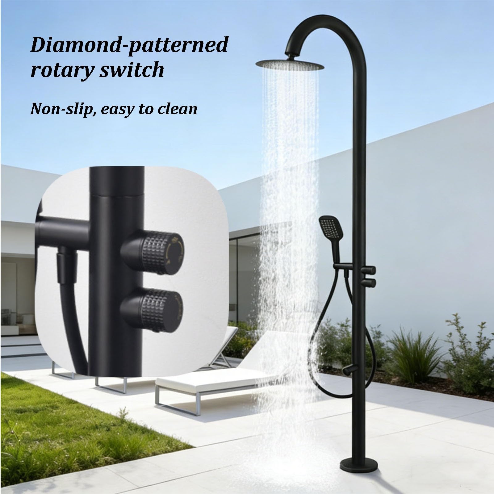Kit doccia da esterno con rubinetto dell'acqua rotante e interruttore rotante antiscivolo, in acciaio inox spazzolato, per cortile, spiaggia, piscina e giardino