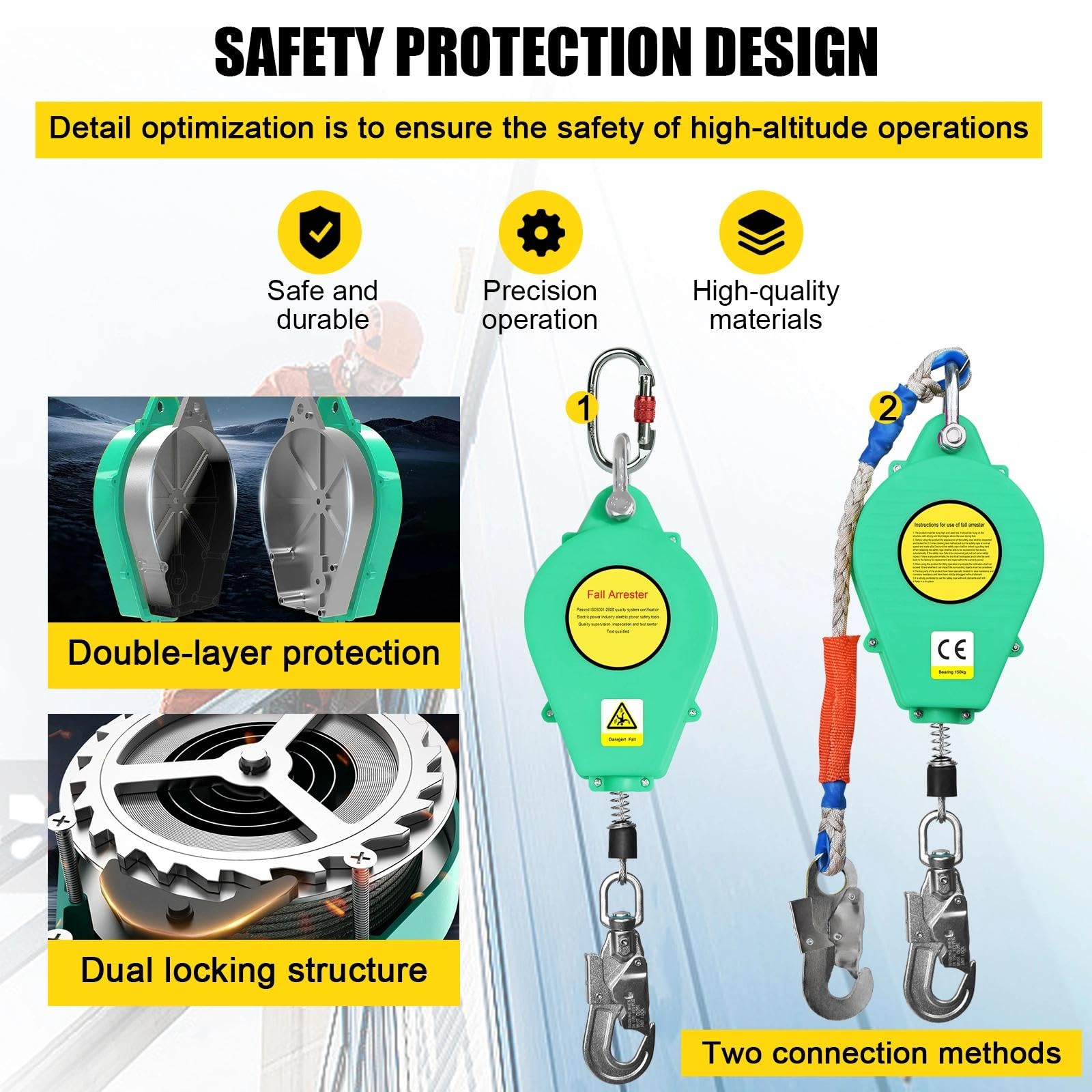 Dispositivo Anticaida Retráctil 10m/15m/20m, Anticaidas Retractil Seguridad Homologado con Gancho Mejorado, Linea de Vida Retractil con Mosquetón, Capacidad de Carga: 150 kg(Verde,10m)