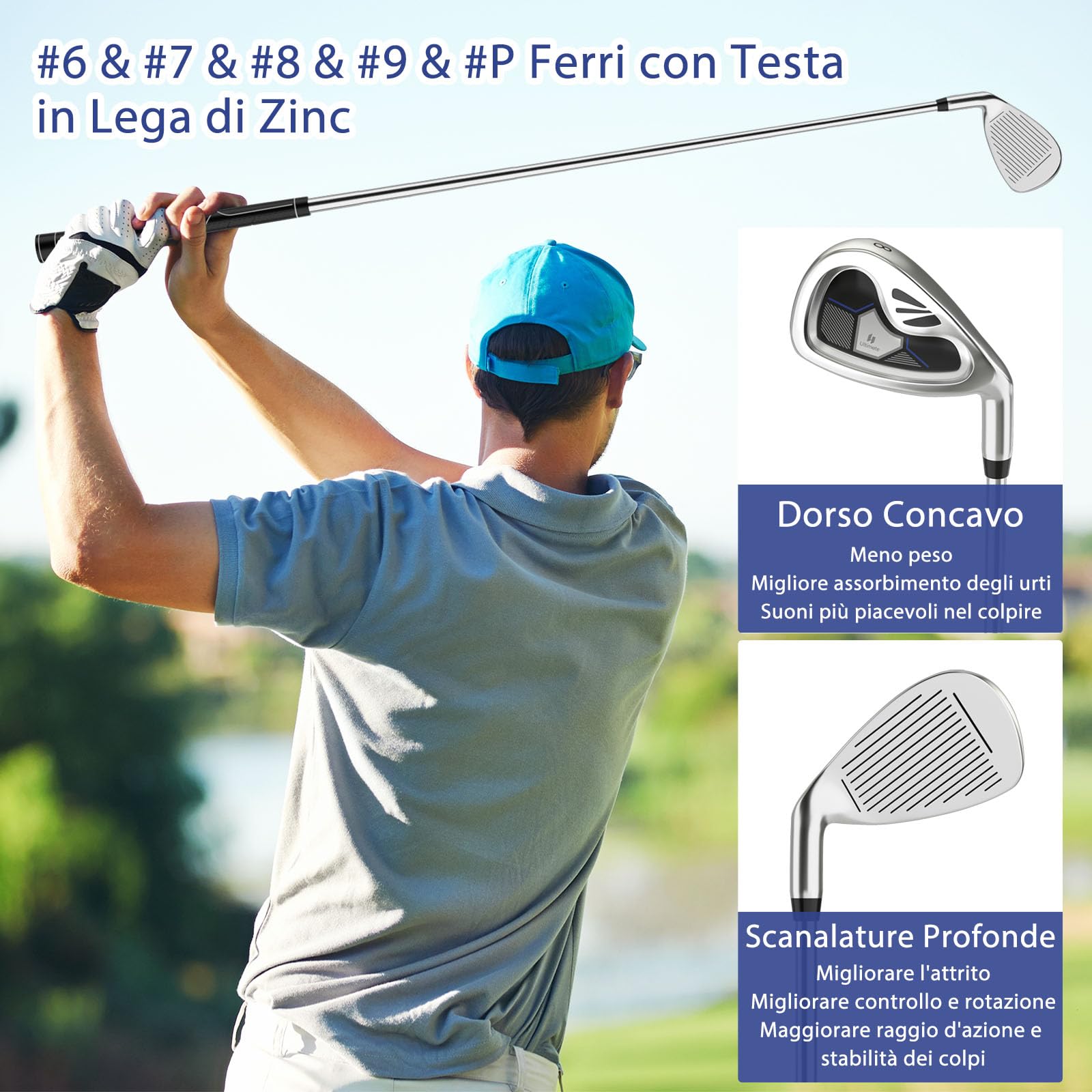 COSTWAY Set Completo di Mazze da Golf da Uomo, 9 Pezzi, Include Driver in Lega, Legno Fairway 3, Ibrido 4, Ferri 6, 7, 8, 9 e P, Putter e Copri Testa per Golfisti Destrimani