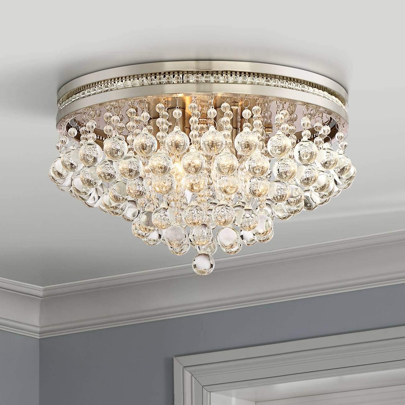 Vienna Full Spectrum Regina Luxury Close to Ceiling Light Flush Mount Fixture 15 1/4" Wide Brushed Nickel Tiered Clear Crystal Droplets Shade Bedroom Hallway Living Room Dining Room Bathroom Kitchen