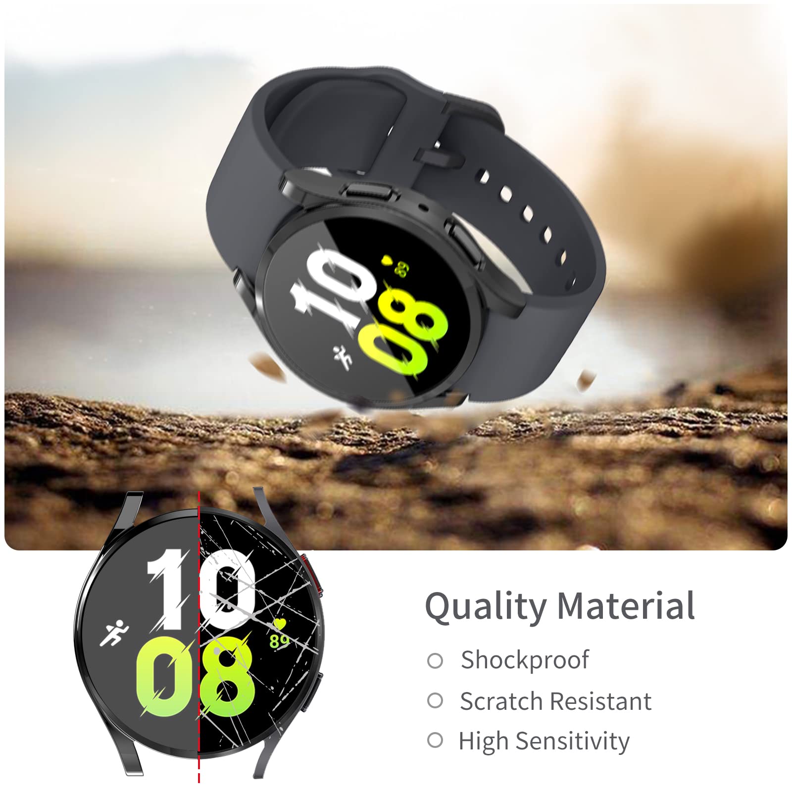 RICHONE Lot de 2 coques de protection d'écran compatibles avec Samsung Galaxy Watch 5/Galaxy Watch 4 40 mm Coque de protection complète en TPU souple avec cadre antichoc (noir + noir, montre 5/4 40