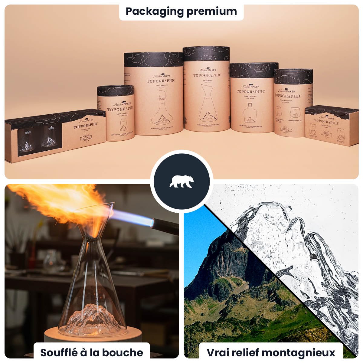 Carafe à eau 1 L | Borosilicate de qualité supérieure soufflés artisanalement avec les montagnes en relief | TOPOGRAPHIC (Mont Blanc)