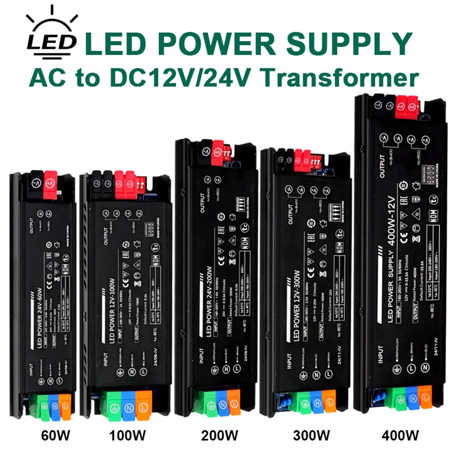Trasformatore di illuminazione a LED Ultra-sottile AC100-265V a DC 12V 24V 60W 100W 200W 300W 400W driver tensione regolabile(60W AC100-265V,DC 24V)