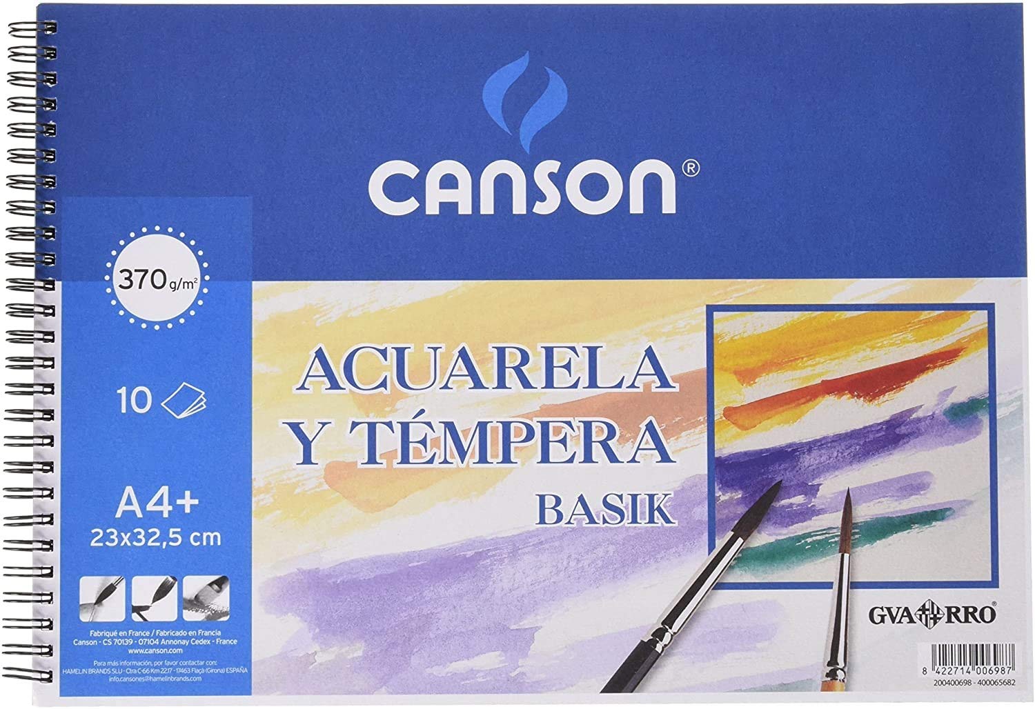 Canson Acuarela y Tempera Basik, Papel de acuarela, Grando ligero, 370gsm, Espiralados sobre el lado corto, 23x32,5cm, Blanco natural, 10 Hojas