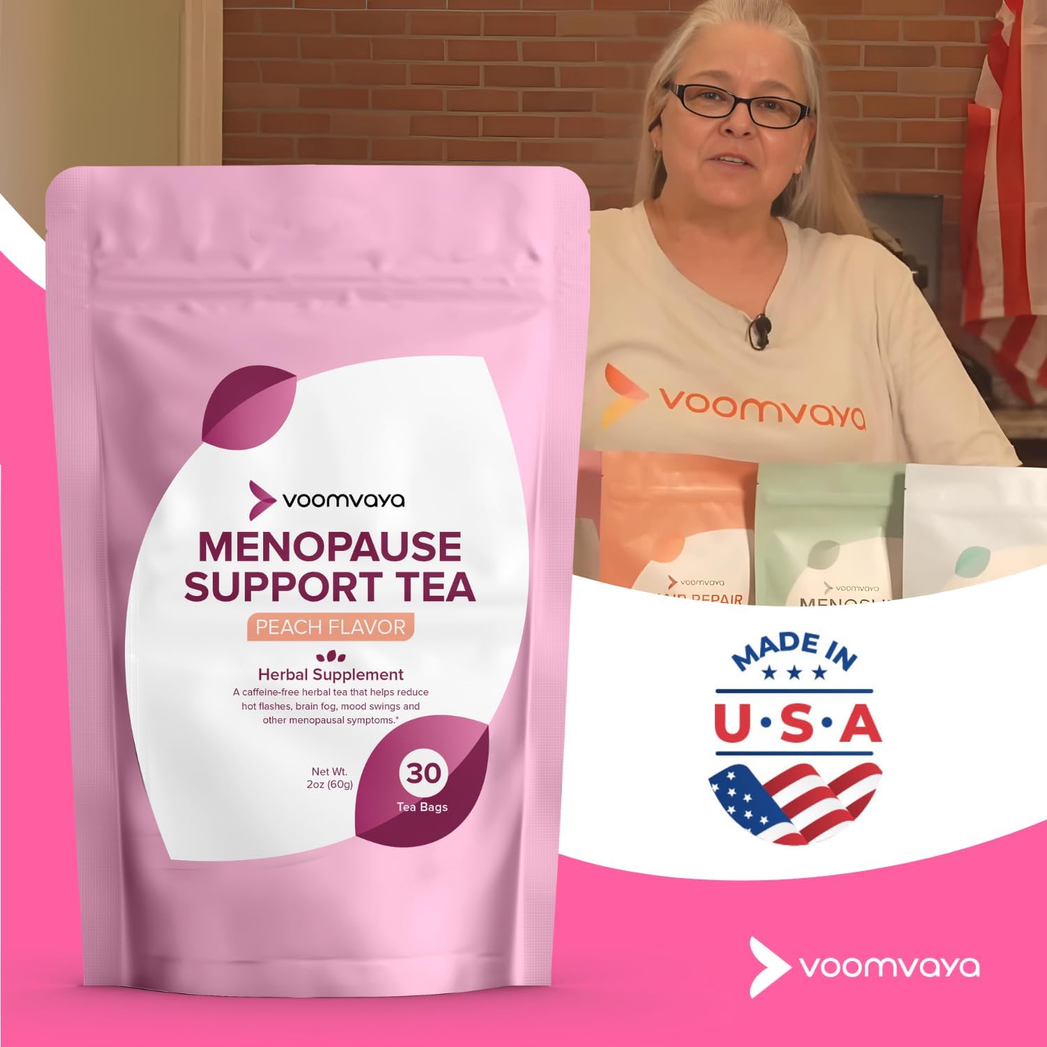 VoomVaya Menopause Support Tea for Women, Reduce Night Sweats & Hot Flashes - Natural Estrogen Hormone Balance, Black Cohosh, Red Clover- 30 Tea Bags - Peach, One Month Supply