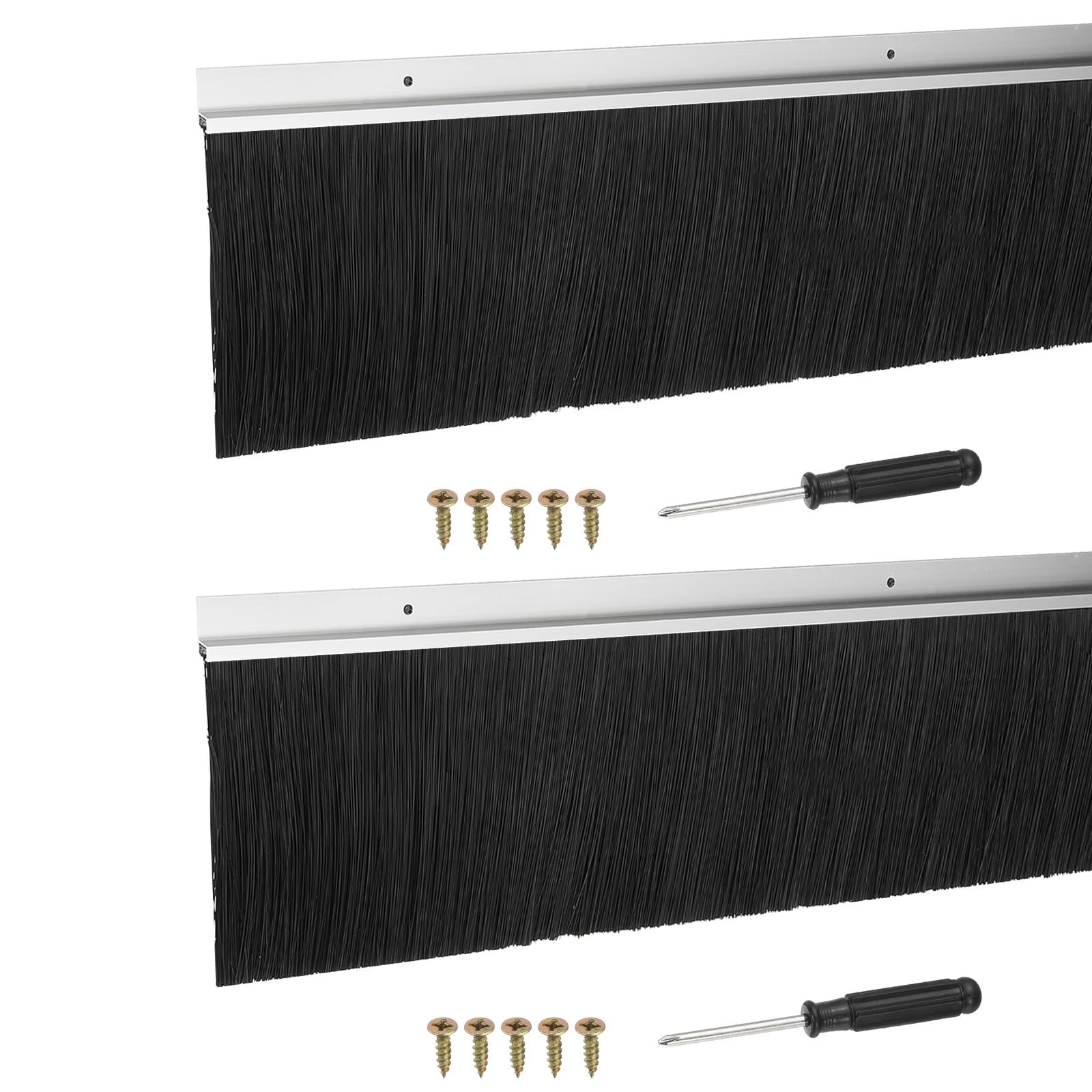 YELARXI Door Sweep Aluminum Alloy Brush Sweeps, 90mm Black PP Brush 1000 x 115mm Fit for Gaps of Door Bottom - H-Shape Holder (2 Pcs, Silver)