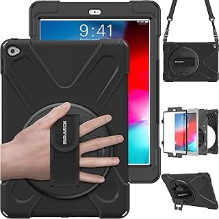 BRAECN iPad Air 2 Case 9.7 Inch,iPad 2th Generation(2014 Released),Hybrid Shockproof Rugged Protective Case with Kickstand&360 Rotatable Hand Strap for Apple iPad Air 2 Case Kids(A1566 A1567)-Black