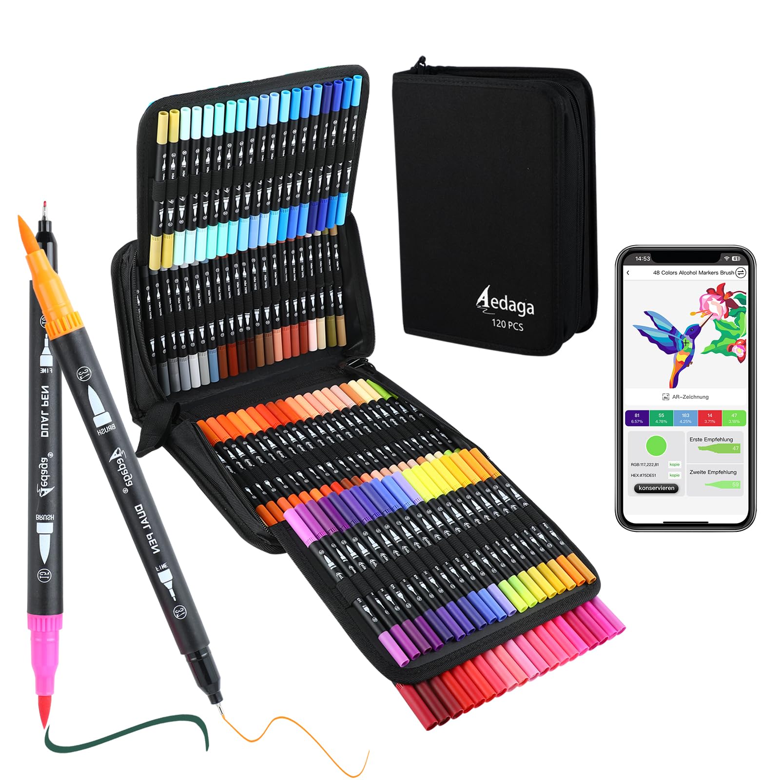 AEDAGA 120 Farben Nummerierte Filzstifte Set mit App, Dual Brush Pen Set